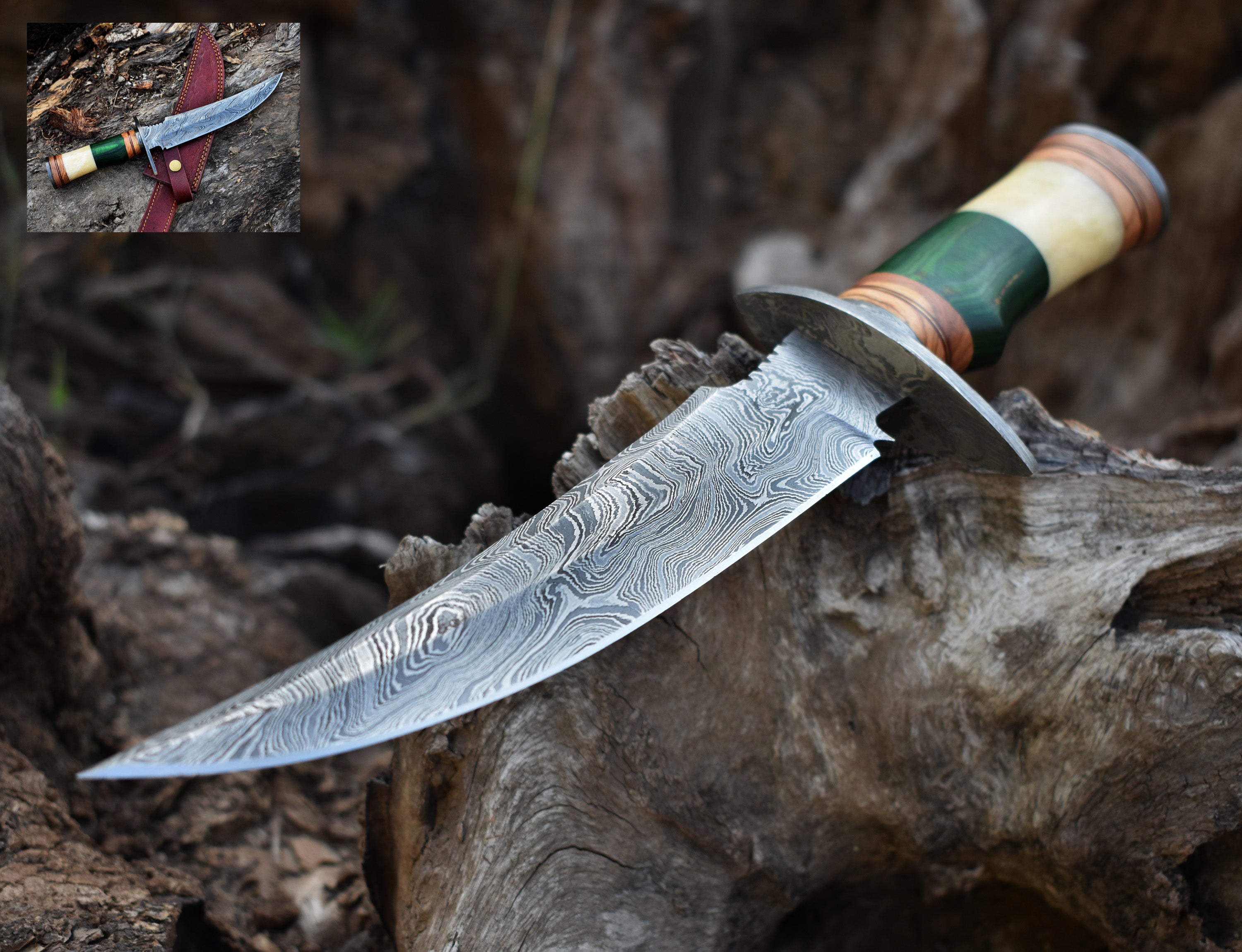 13" Rambo With Wood and Bone Handle Hunting Bowie knife With Damascus Guard & Pommel