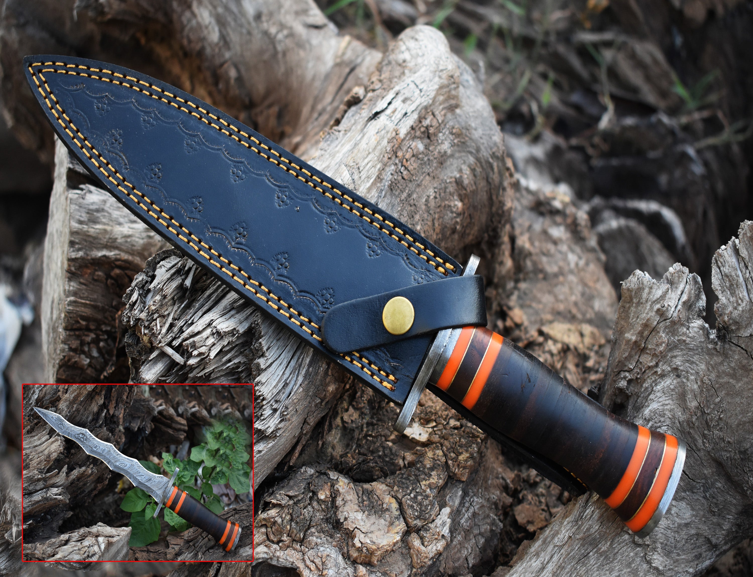 13" Double Edge Spiral Hunting Knife With RoseWood Handle Hunting Bowie knife With Damascus Guard & Pommel