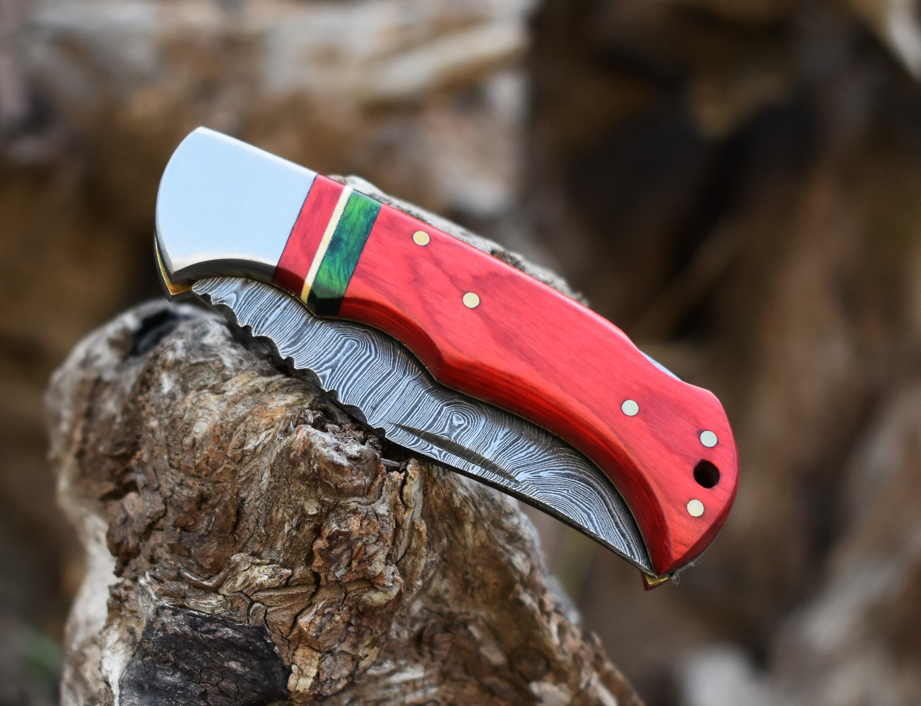 6.5" Handmade Damascus Steel Folding Knife Red& GreenHandle Back Lock Pocket Knife With Leather Pouch Personalized Gift for Men.