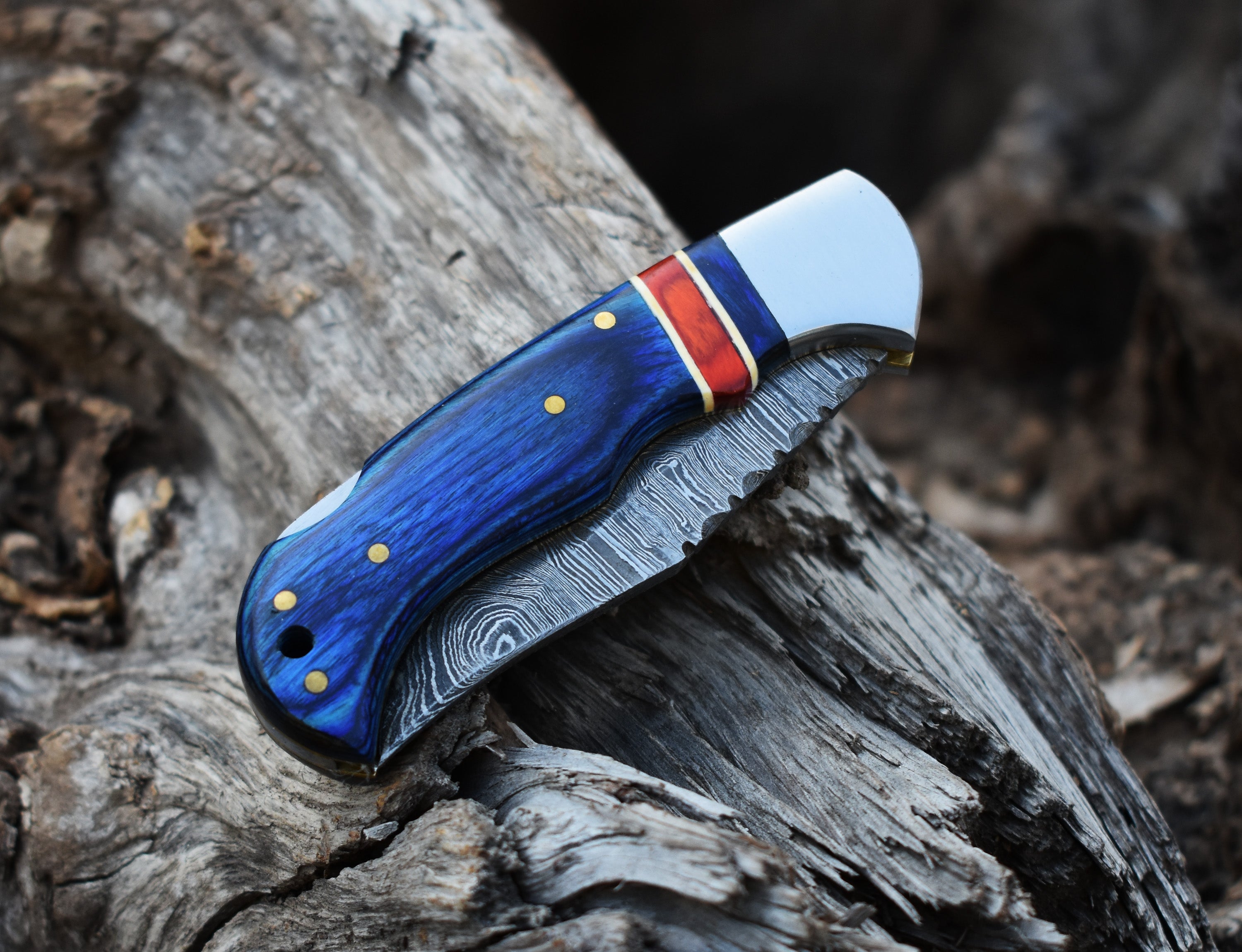 6.5" Handmade Damascus Steel Folding Knife Blue & Grey Handle Back Lock Pocket Knife With Leather Pouch Personalized Gift for Men.