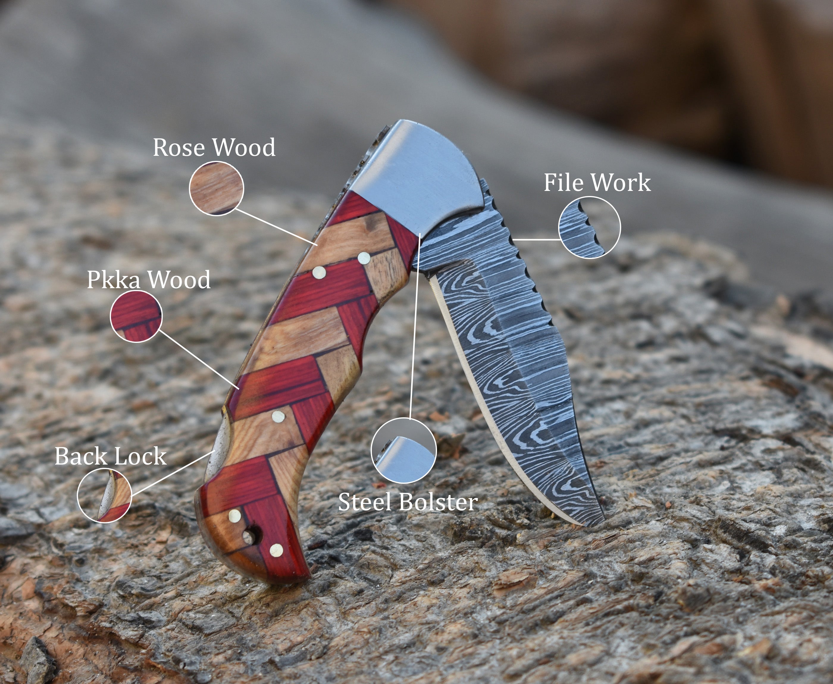 6.5" Handmade Damascus Steel Folding Knife Red Pakka Wood and Olive wood Handle Back Lock Pocket Knife With Leather Pouch Personalized Gift for Men.