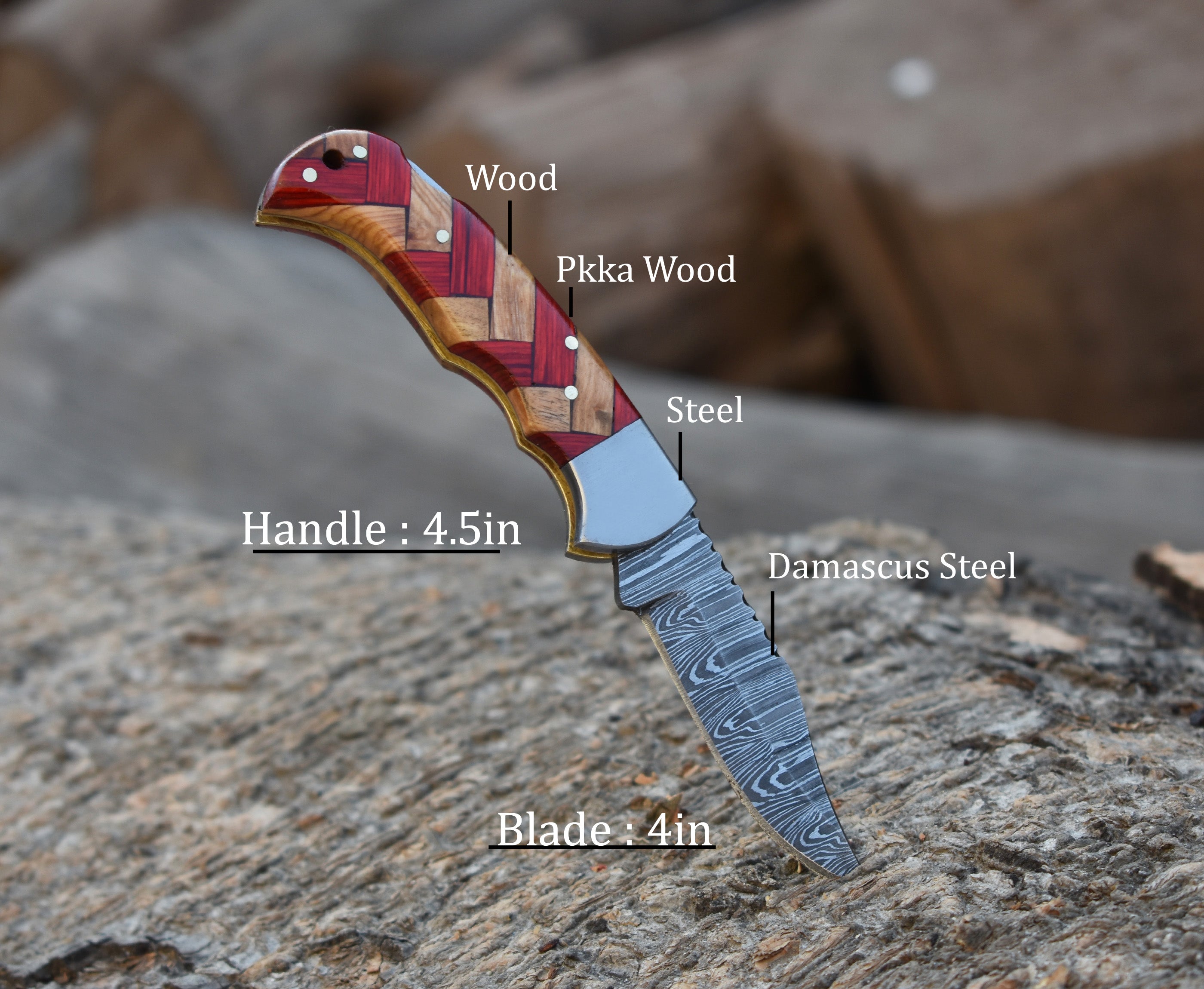 6.5" Handmade Damascus Steel Folding Knife Red Pakka Wood and Olive wood Handle Back Lock Pocket Knife With Leather Pouch Personalized Gift for Men.