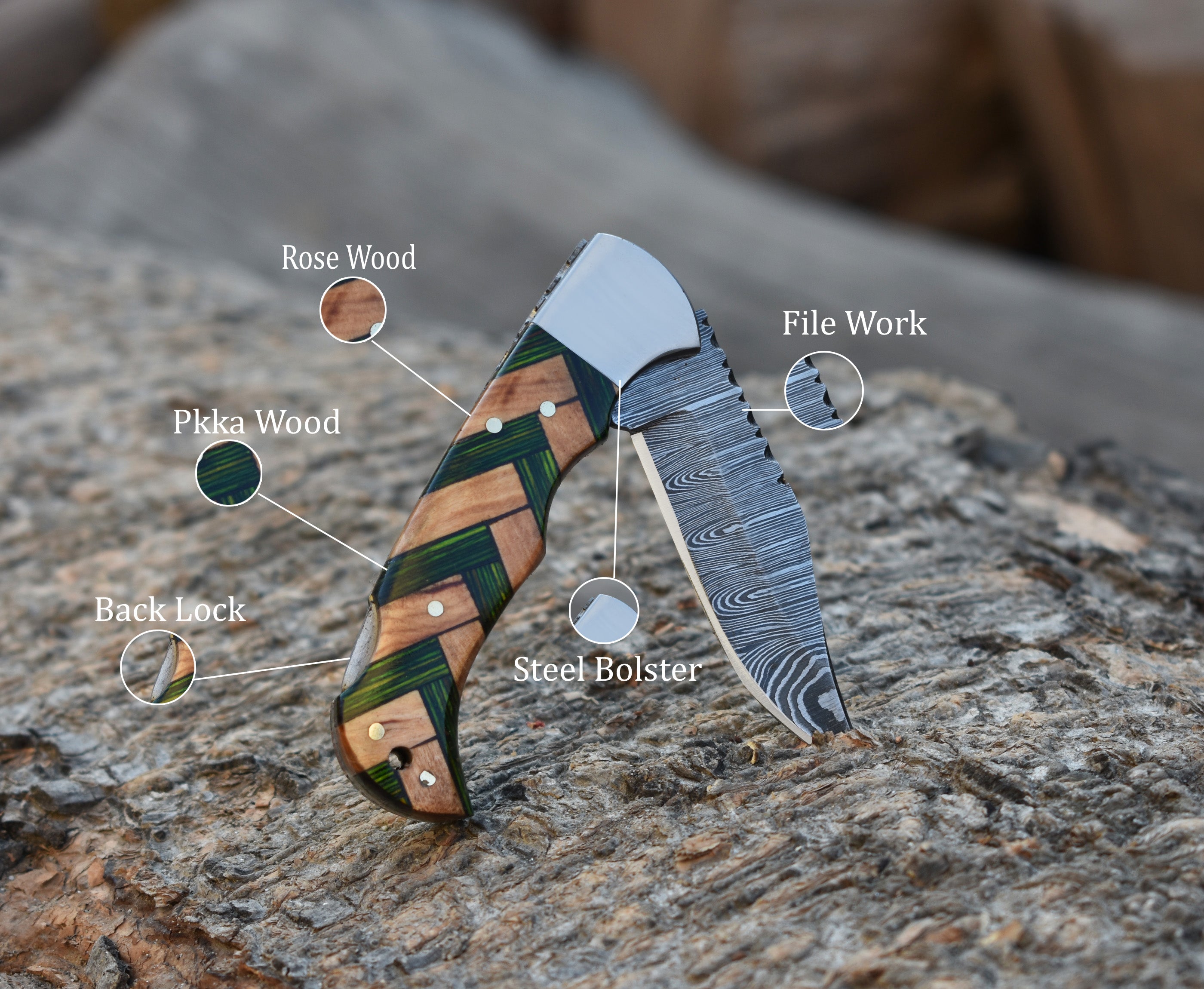 6.5" Handmade Damascus Steel Folding Knife Green Pakka Wood & Olive wood Handle Back Lock Pocket Knife With Leather Pouch Personalized Gift for Men.