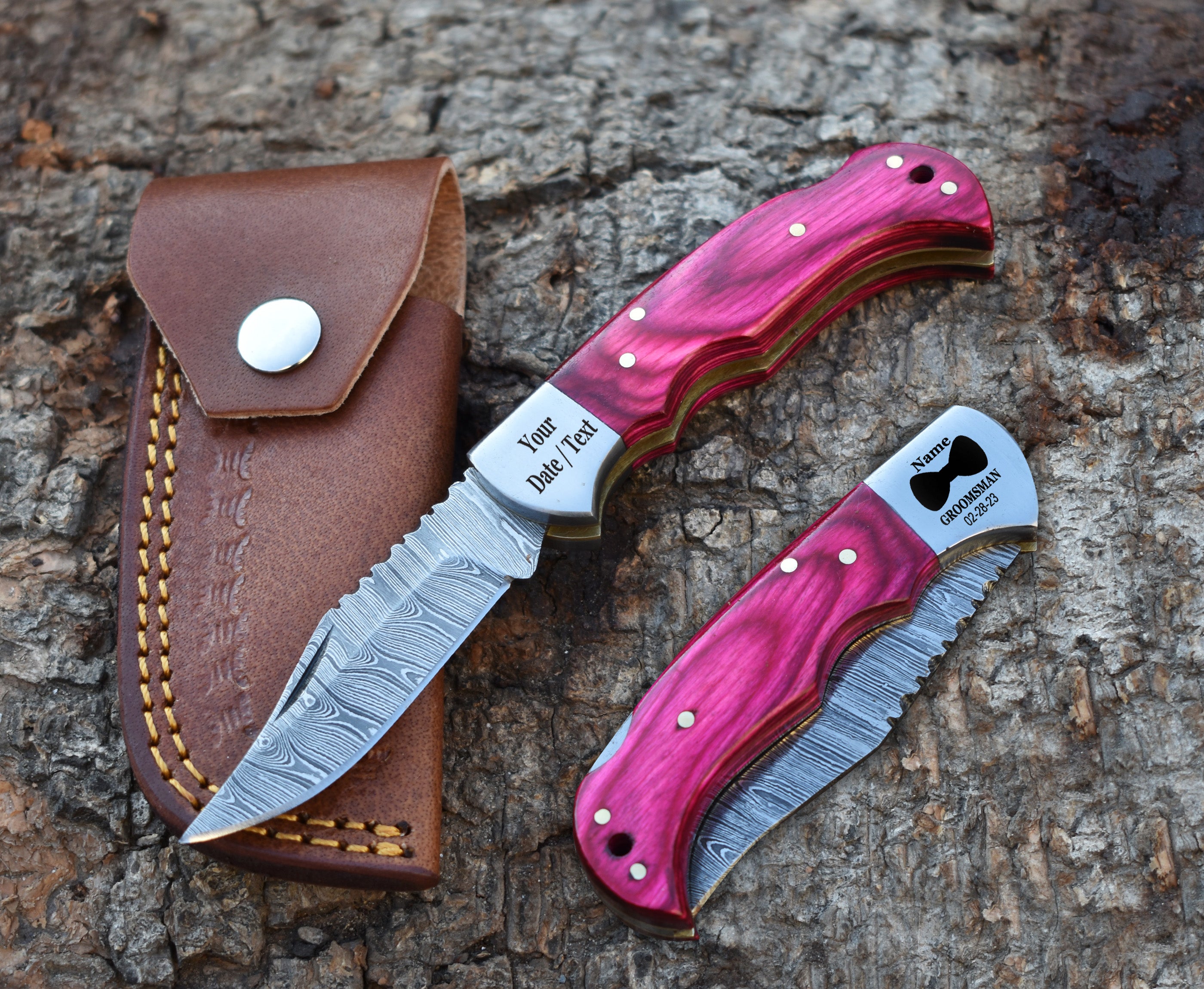 6.5" Handmade Damascus Steel Folding Knife Pink Pakka Wood Handle Back Lock Pocket Knife With Leather Pouch Personalized Gift for Men.