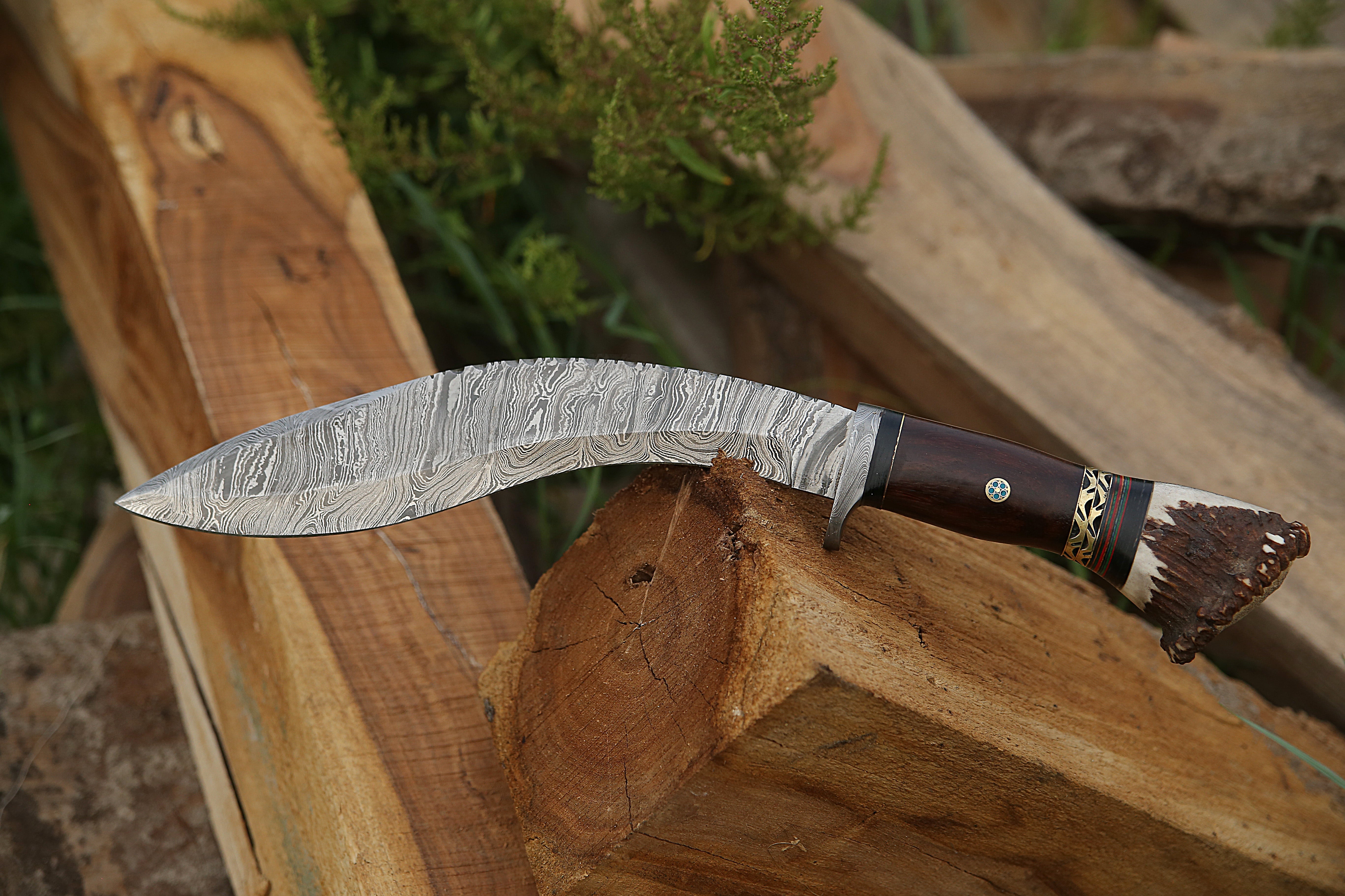 13" Custom Handmade Damascus Steel Kukri Knife Rosewood Stag Horn Handle With Mosaic Pin Hunting Knife