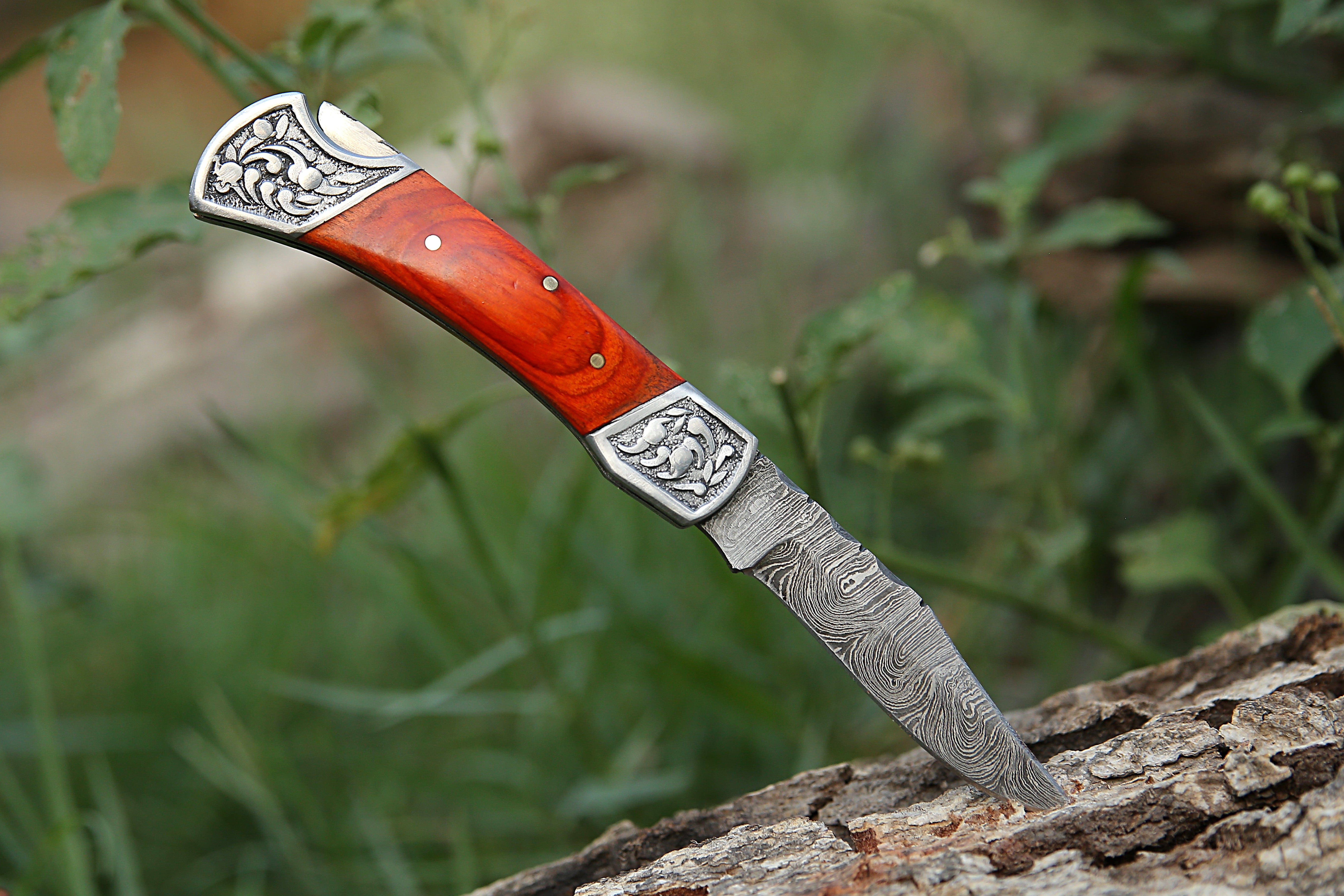 7" Orange Pakka Wood Damascus Steel Back Lock Pocket Knife With Engraved Steel Clips