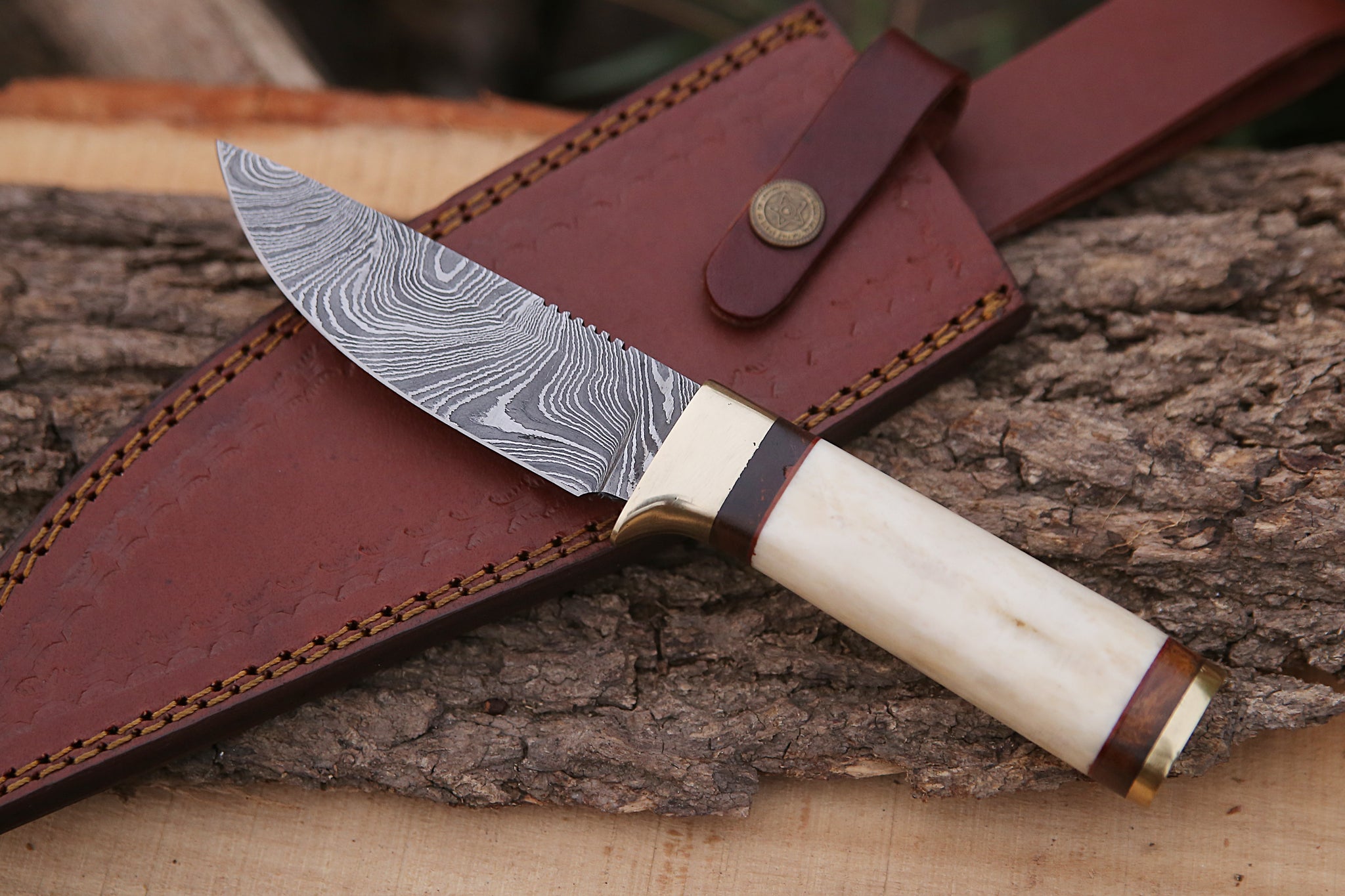 9 Custom Made Damascus Skinner Knife White Bone Handle Hunting Knife