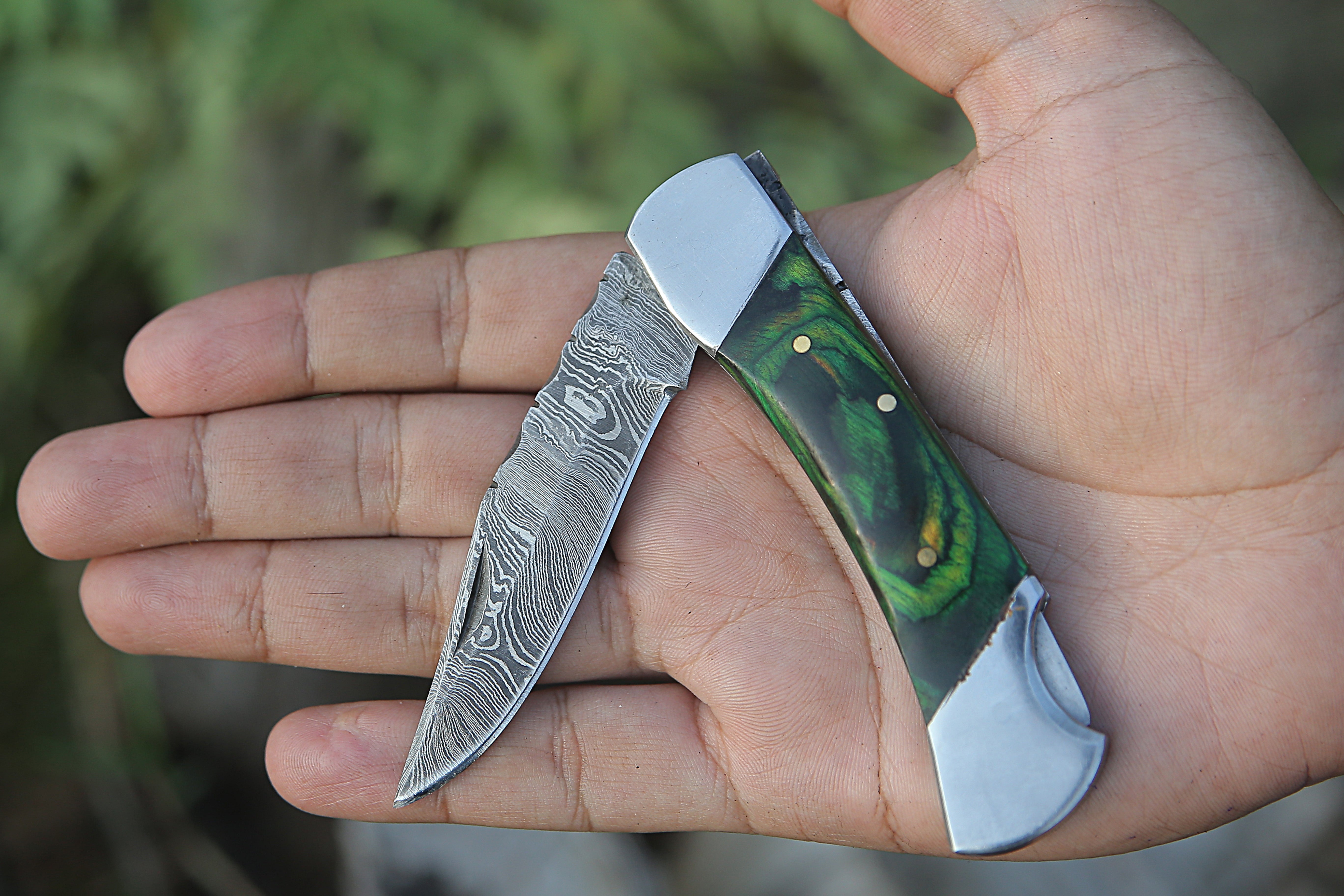 7 Olive Wood Engraved Steel Clips Handle with Back Lock Pocket Knife