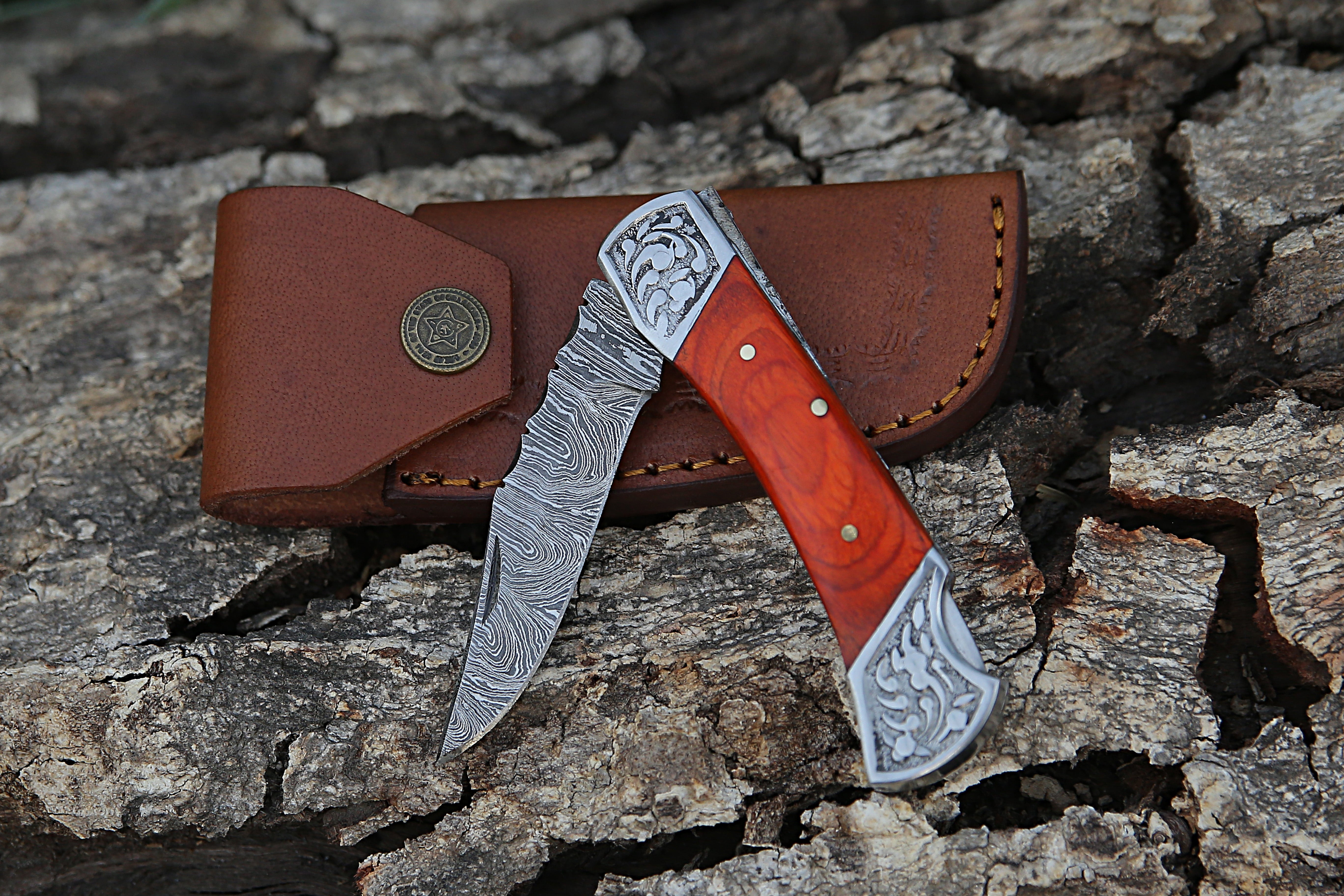 7" Orange Pakka Wood Damascus Steel Back Lock Pocket Knife With Engraved Steel Clips