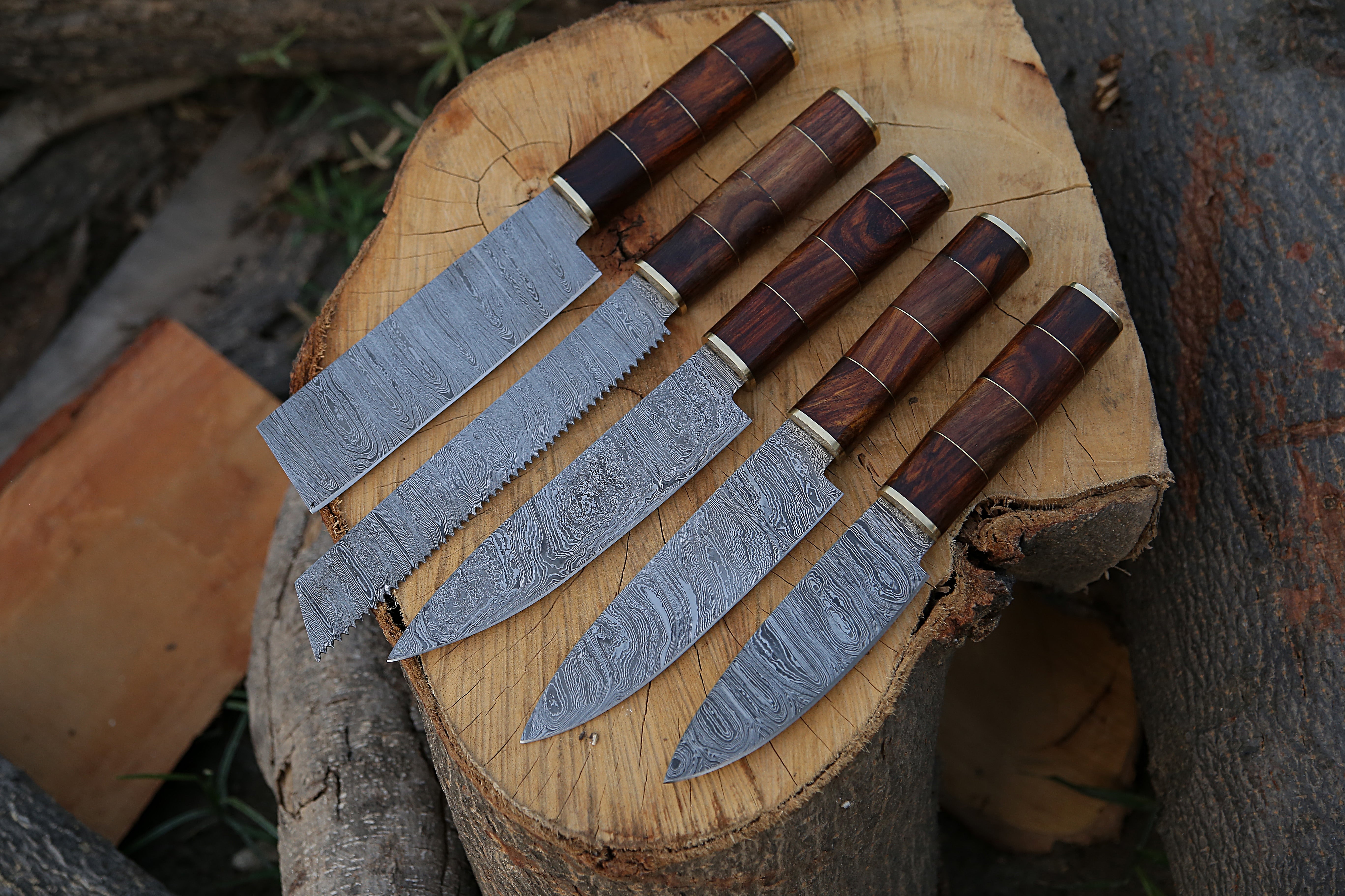 Custom Made Damascus Steel Kitchen Knife Rosewood Handle Handmade Chef knife Set Of 5 PCS With Leather Kit.
