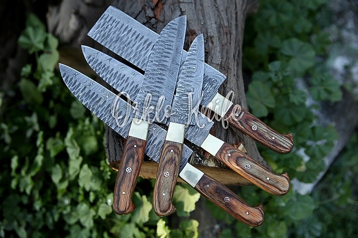 damascus steel knife set with block