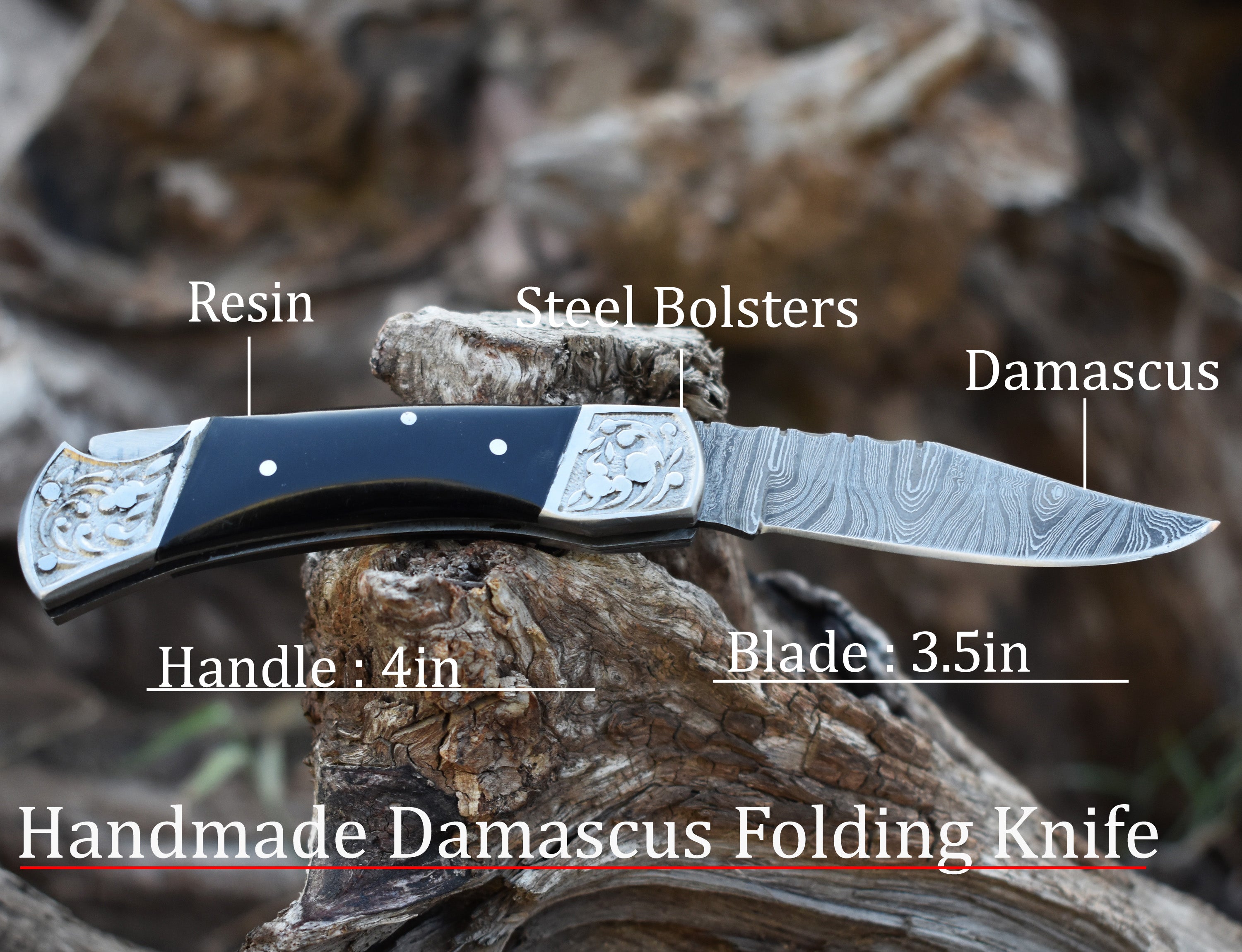 7" Black Matte Pocket Knife Back Lock With Engraved steel Handle