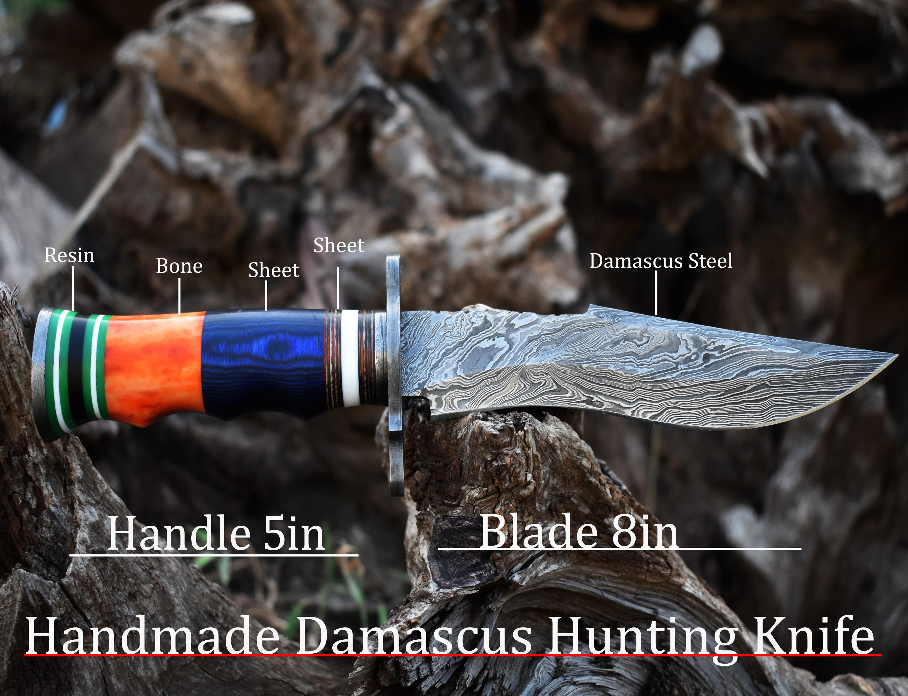 13" Rambo White Bone and Blue Sheet Handle Hunting Bowie knife With Damascus Guard & Pommel