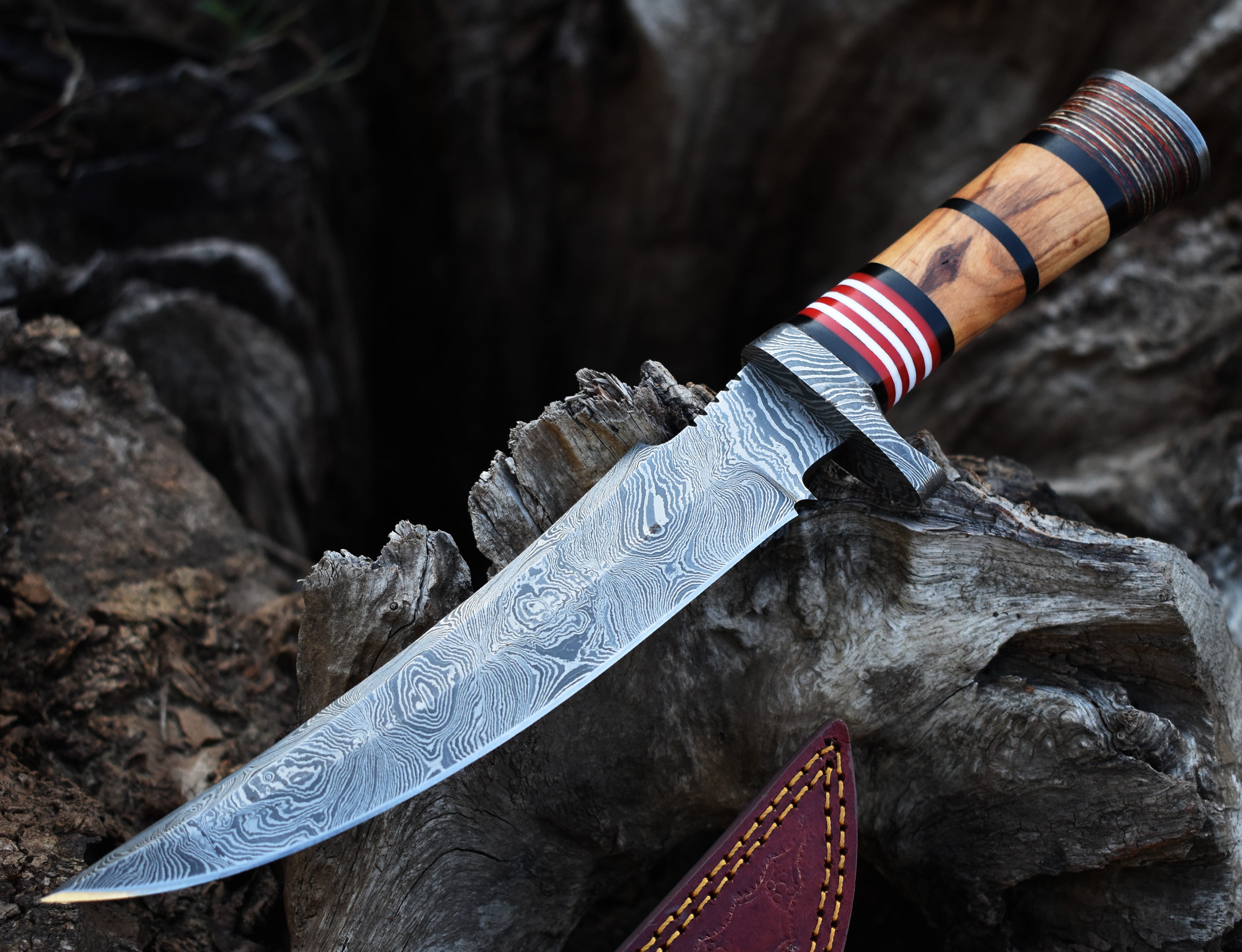 13" Hunting Knife Wood Handle Hunting Bowie knife With Damascus Guard & Pommel