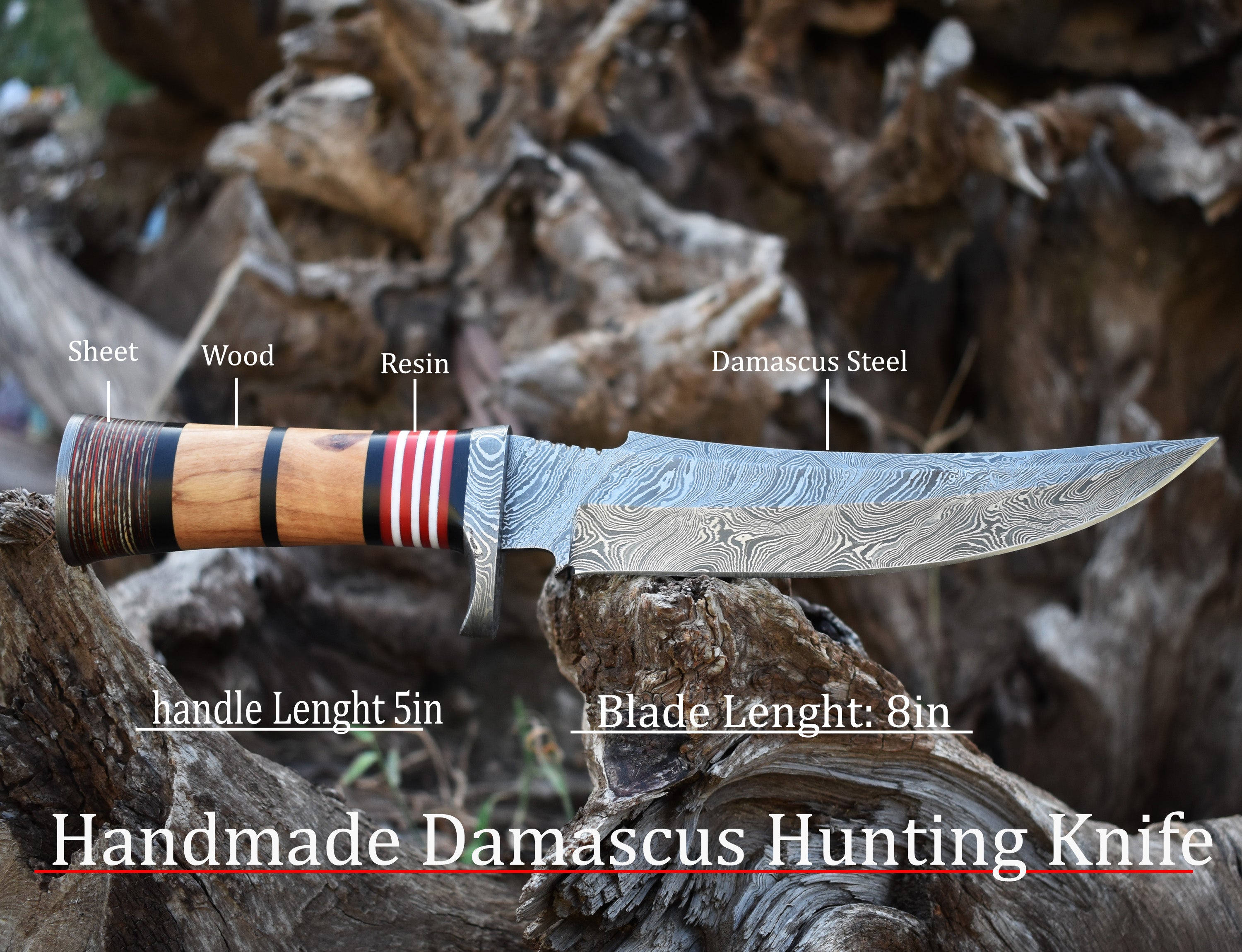 13" Hunting Knife Wood Handle Hunting Bowie knife With Damascus Guard & Pommel
