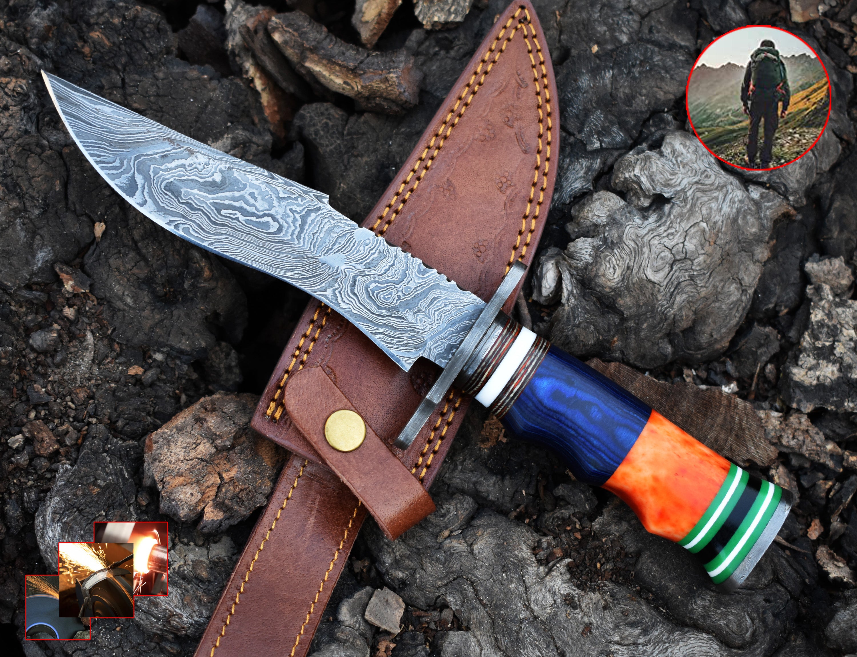 13" Rambo White Bone and Blue Sheet Handle Hunting Bowie knife With Damascus Guard & Pommel