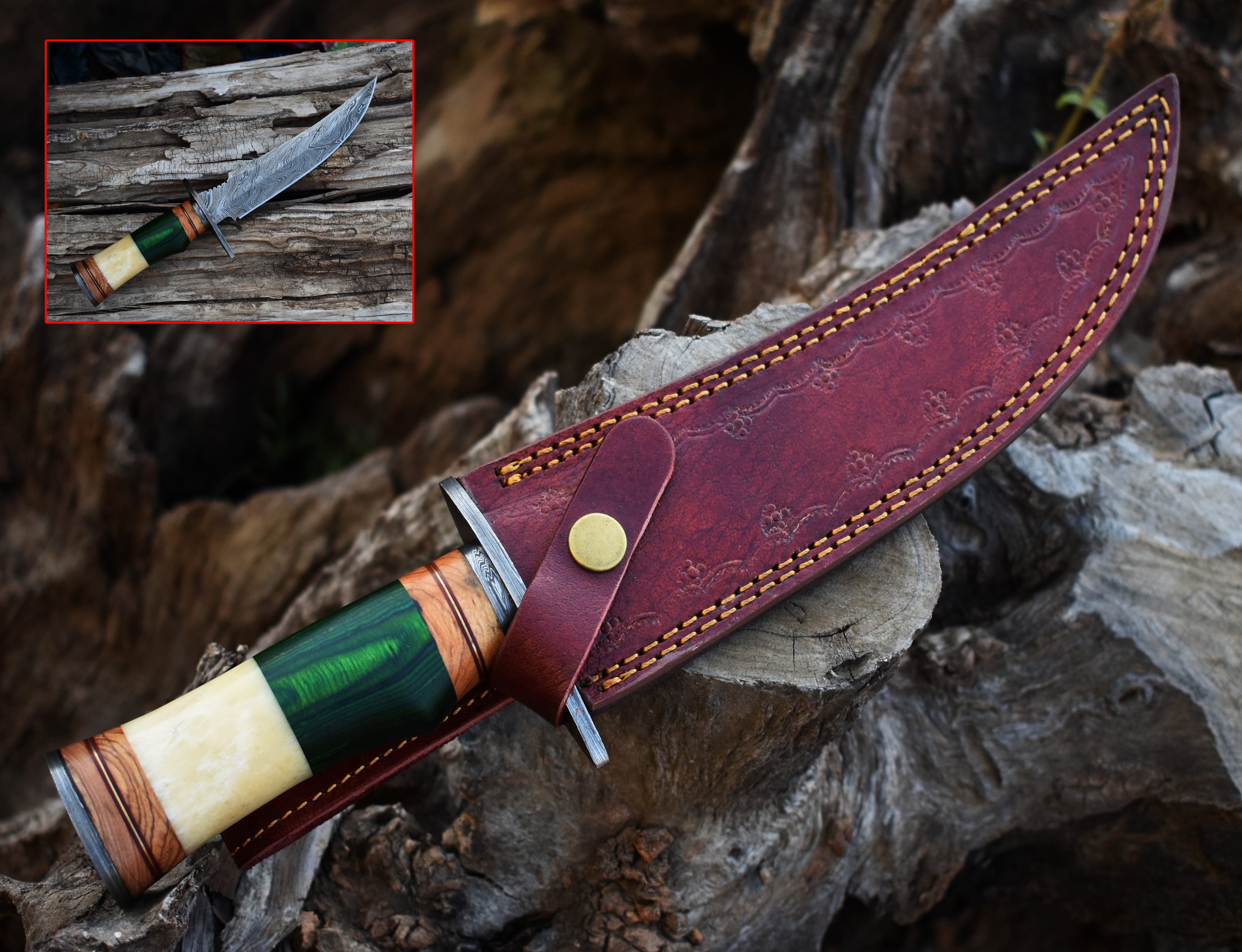 13" Rambo With Wood and Bone Handle Hunting Bowie knife With Damascus Guard & Pommel