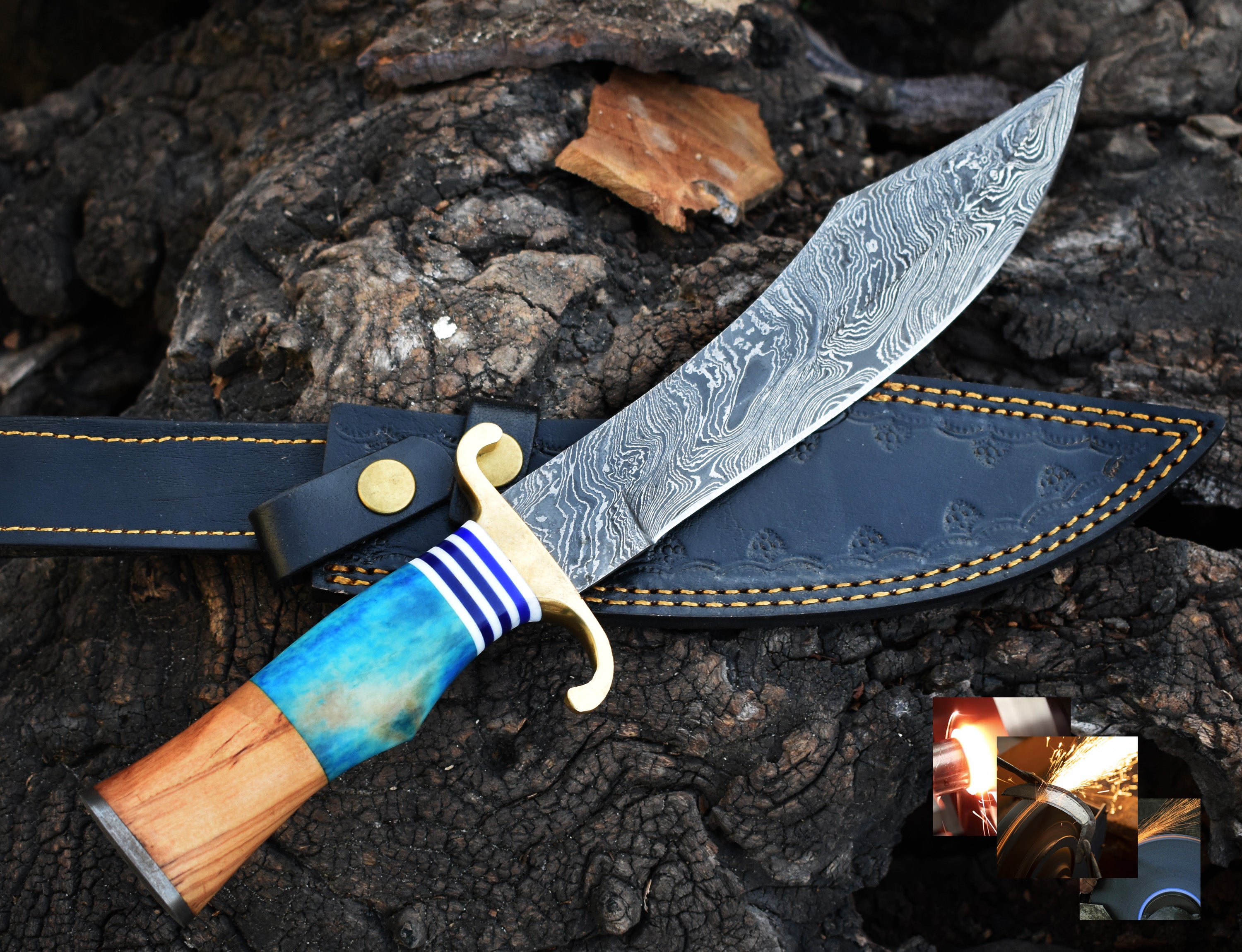 Damascus Hunting knife with Wood and  Bone Handle Hunting Bowie knife With Brass Guard & Pommel