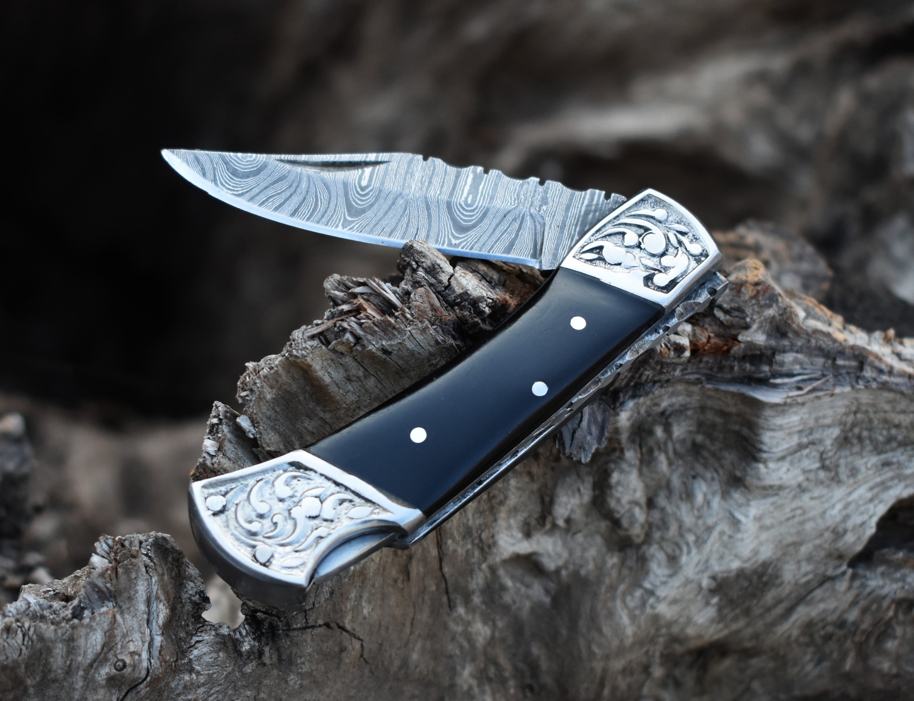 7" Black Matte Pocket Knife Back Lock With Engraved steel Handle