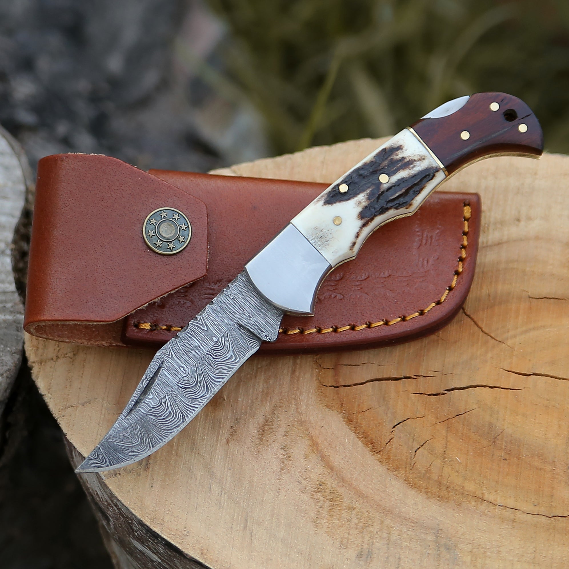 Stag 6.5" Handmade Damascus Steel Folding Knife Back Lock Pocket Knife With Leather Pouch Personalized Gift for Men.