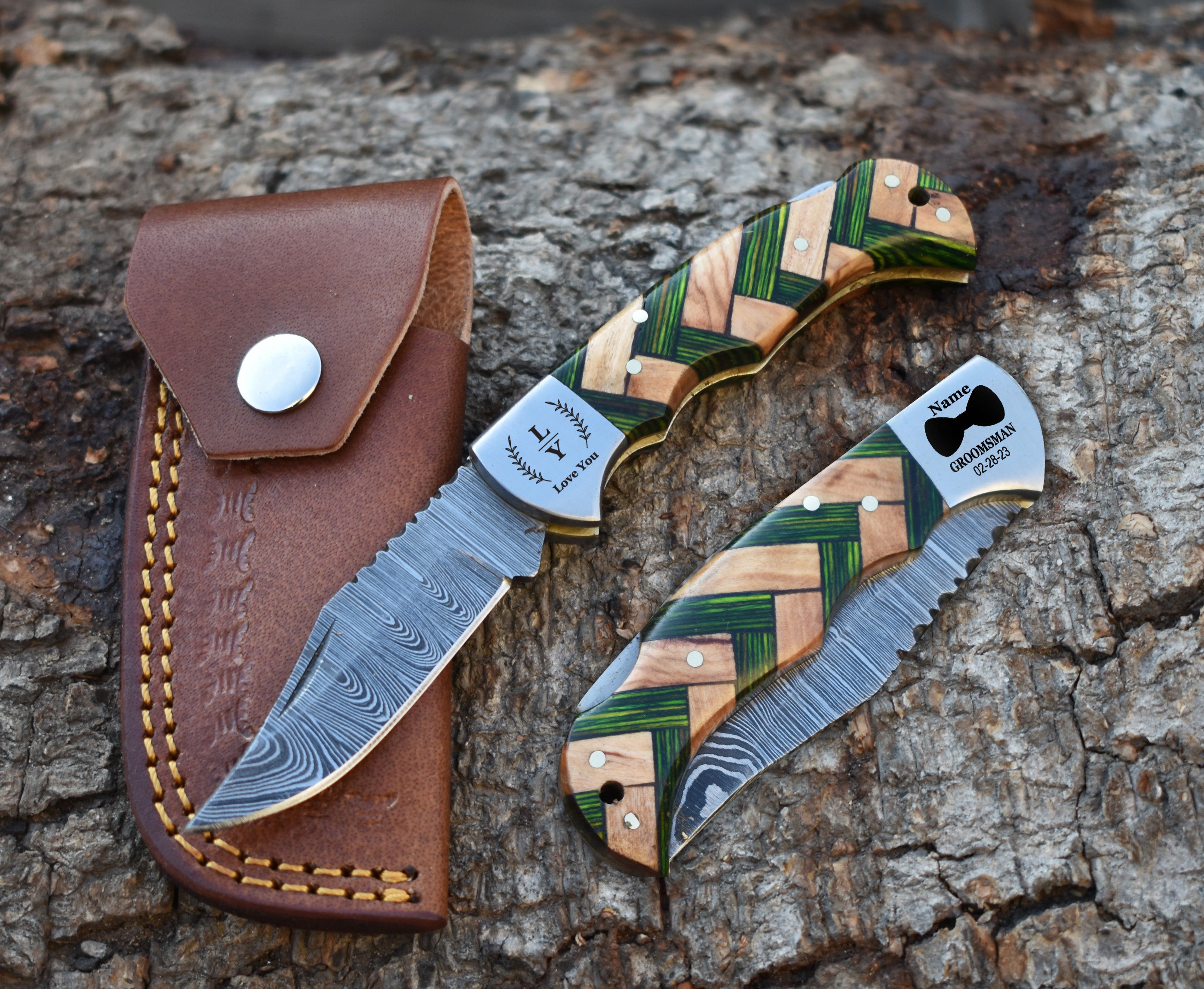 6.5" Handmade Damascus Steel Folding Knife Green Pakka Wood & Olive wood Handle Back Lock Pocket Knife With Leather Pouch Personalized Gift for Men.