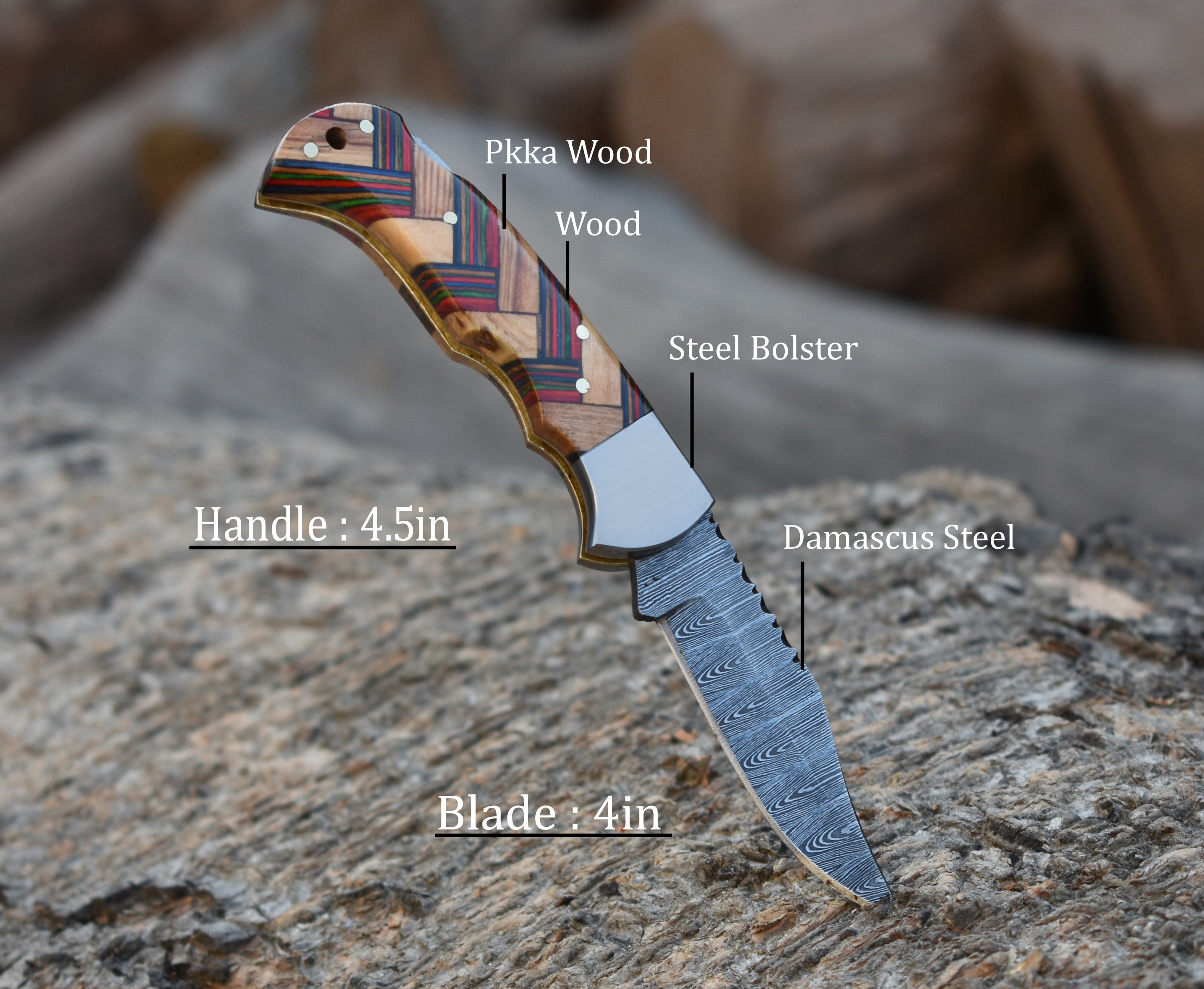 6.5" Handmade Damascus Steel Folding Knife Multi Color Pakka Wood & Olive wood Handle Back Lock Pocket Knife With Leather Pouch Personalized Gift for Men.