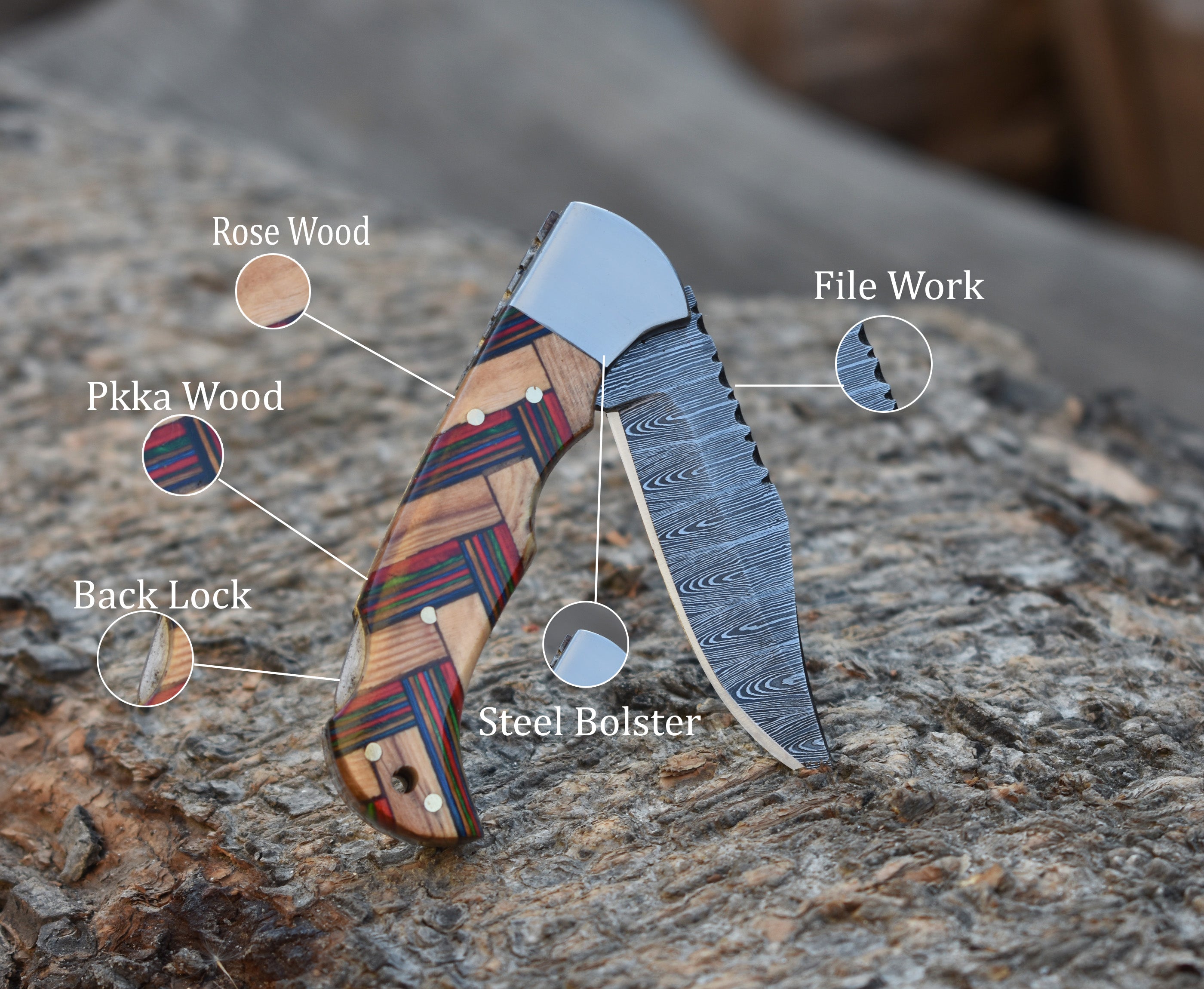 6.5" Handmade Damascus Steel Folding Knife Multi Color Pakka Wood & Olive wood Handle Back Lock Pocket Knife With Leather Pouch Personalized Gift for Men.
