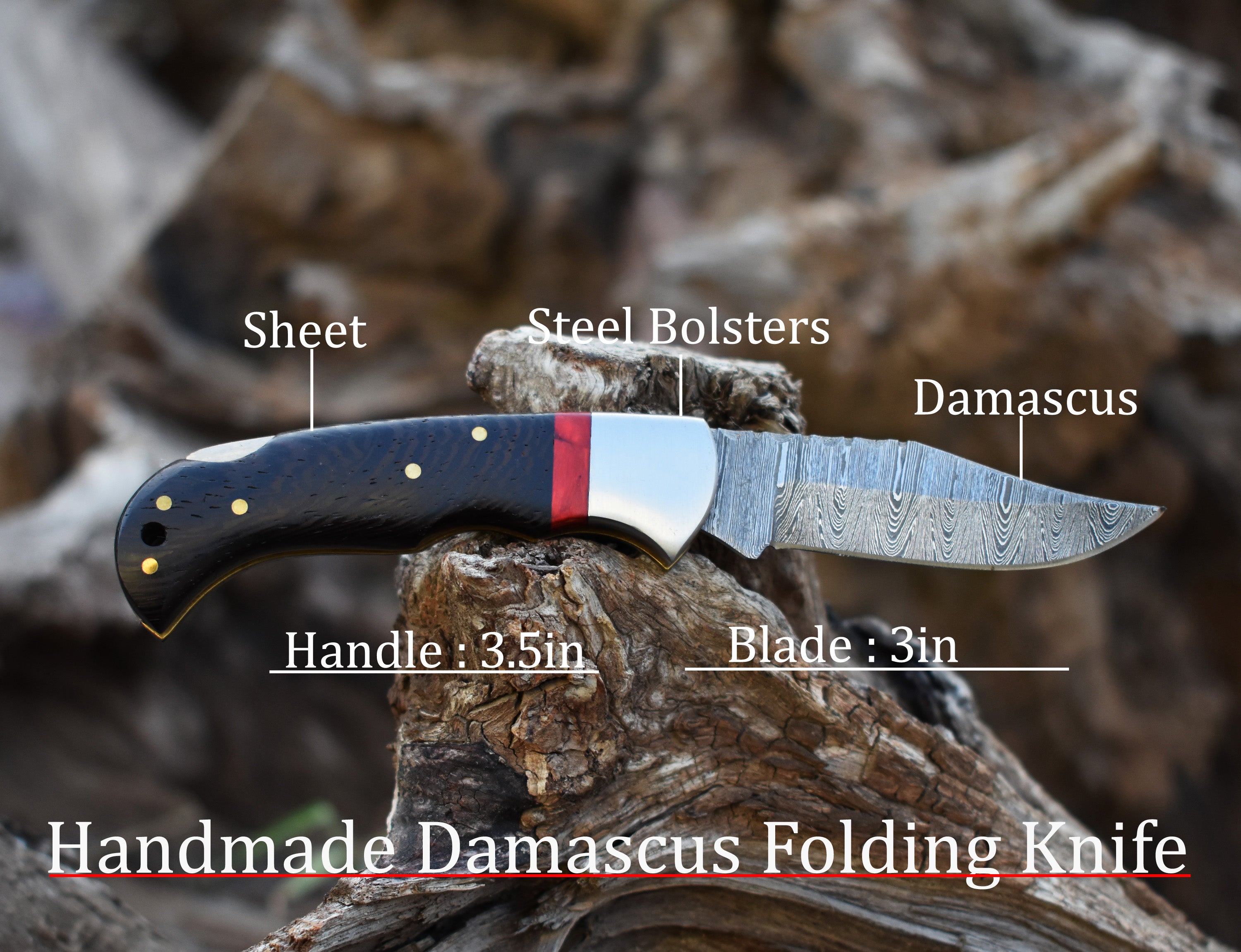 6.5" Handmade Damascus Steel Folding Knife Wangi wood Handle Back Lock Pocket Knife With Leather Pouch Personalized Gift for Men.