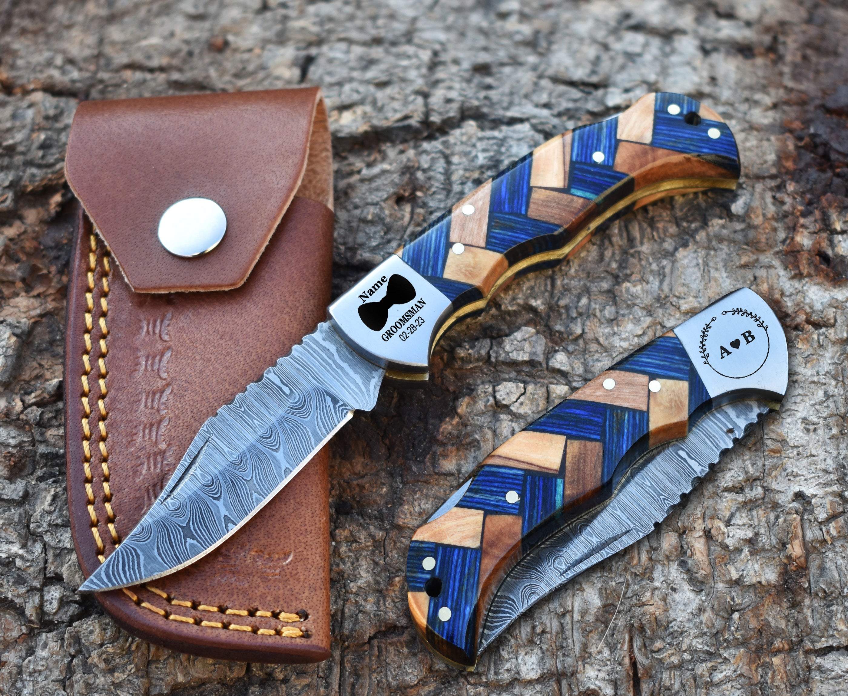6.5" Handmade Damascus Steel Folding Knife Blue & Olive wood Handle Back Lock Pocket Knife With Leather Pouch Personalized Gift for Men.