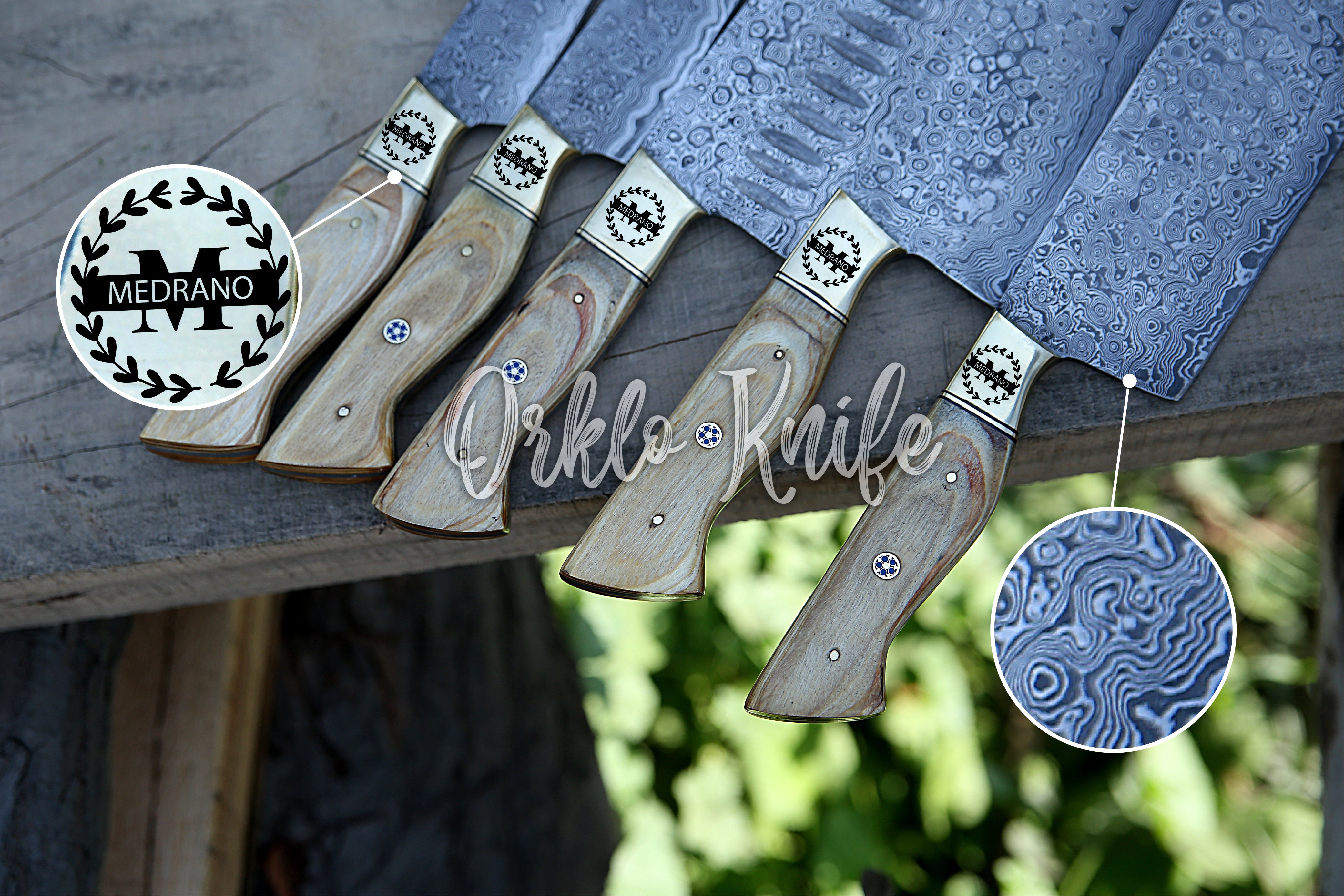 Custom Made Damascus Steel Chef knife set of 5 PCS Olive wood Handle Personalized Gift with Leather kit.