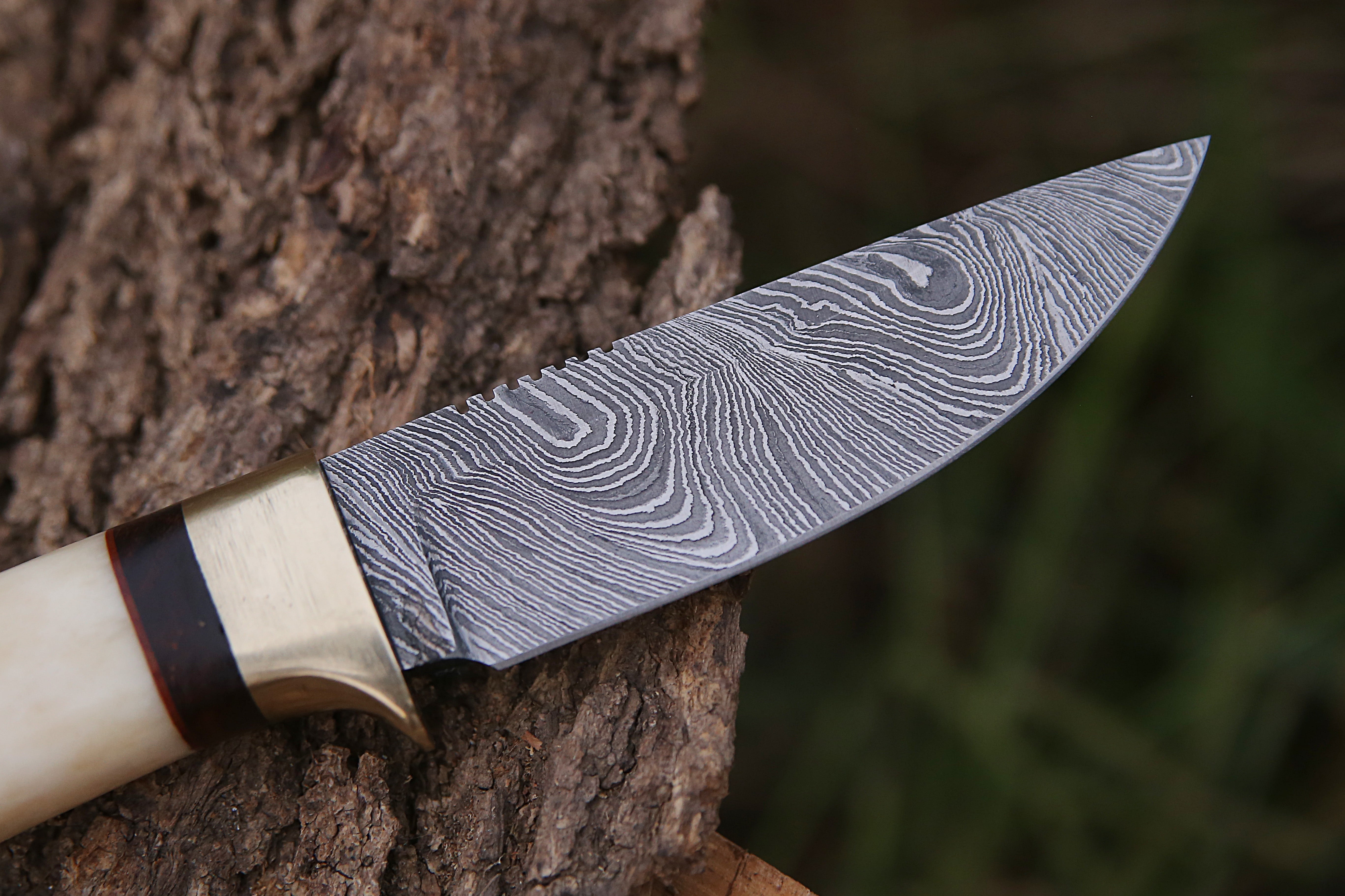 9" Custom Made Damascus Skinner Knife White Bone Handle Hunting Knife With Pouch.