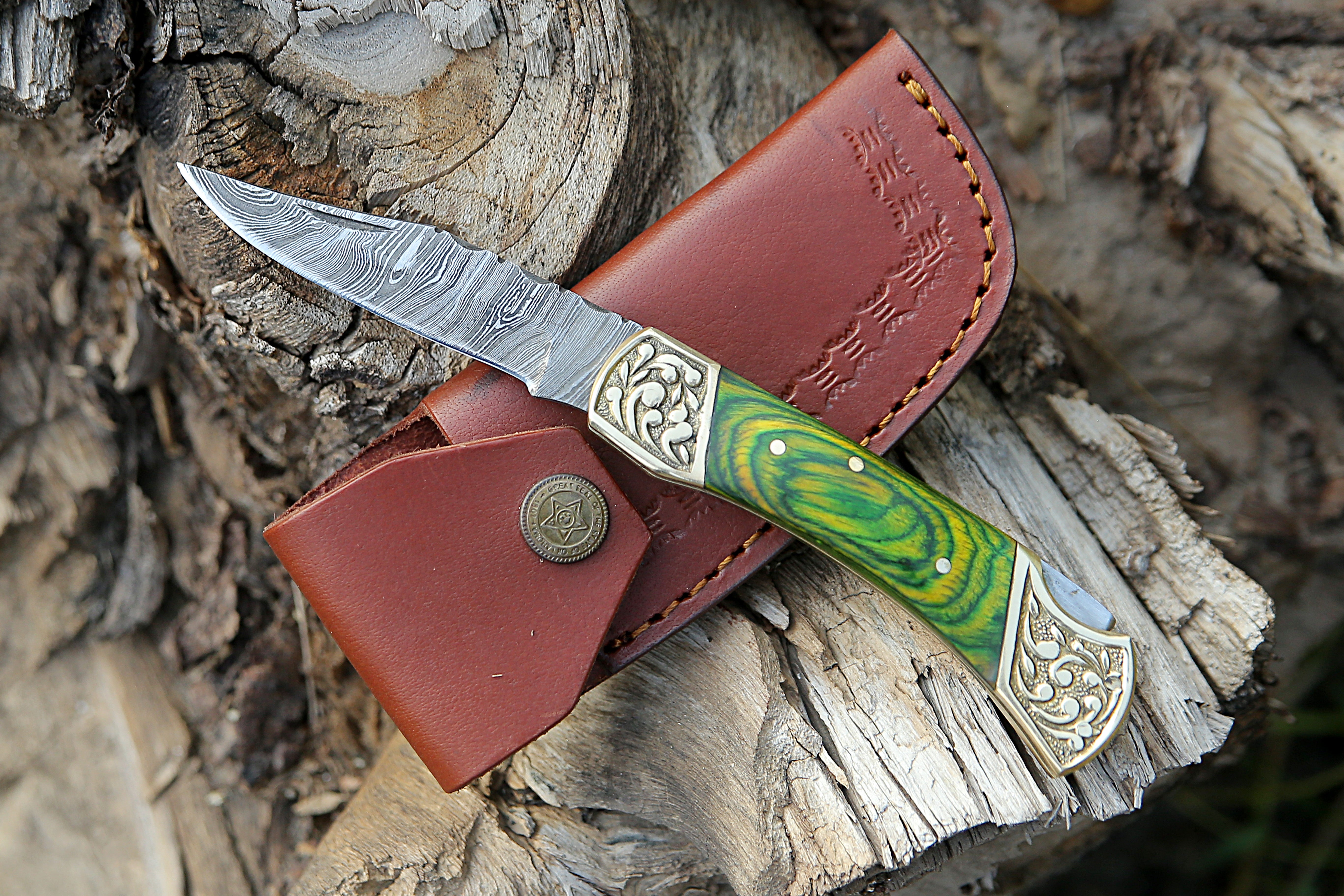 9" Inches Handmade Damascus Steel Back Lock Pocket Knife With Engraved Brass Clips Green Dollar Sheet Handle.