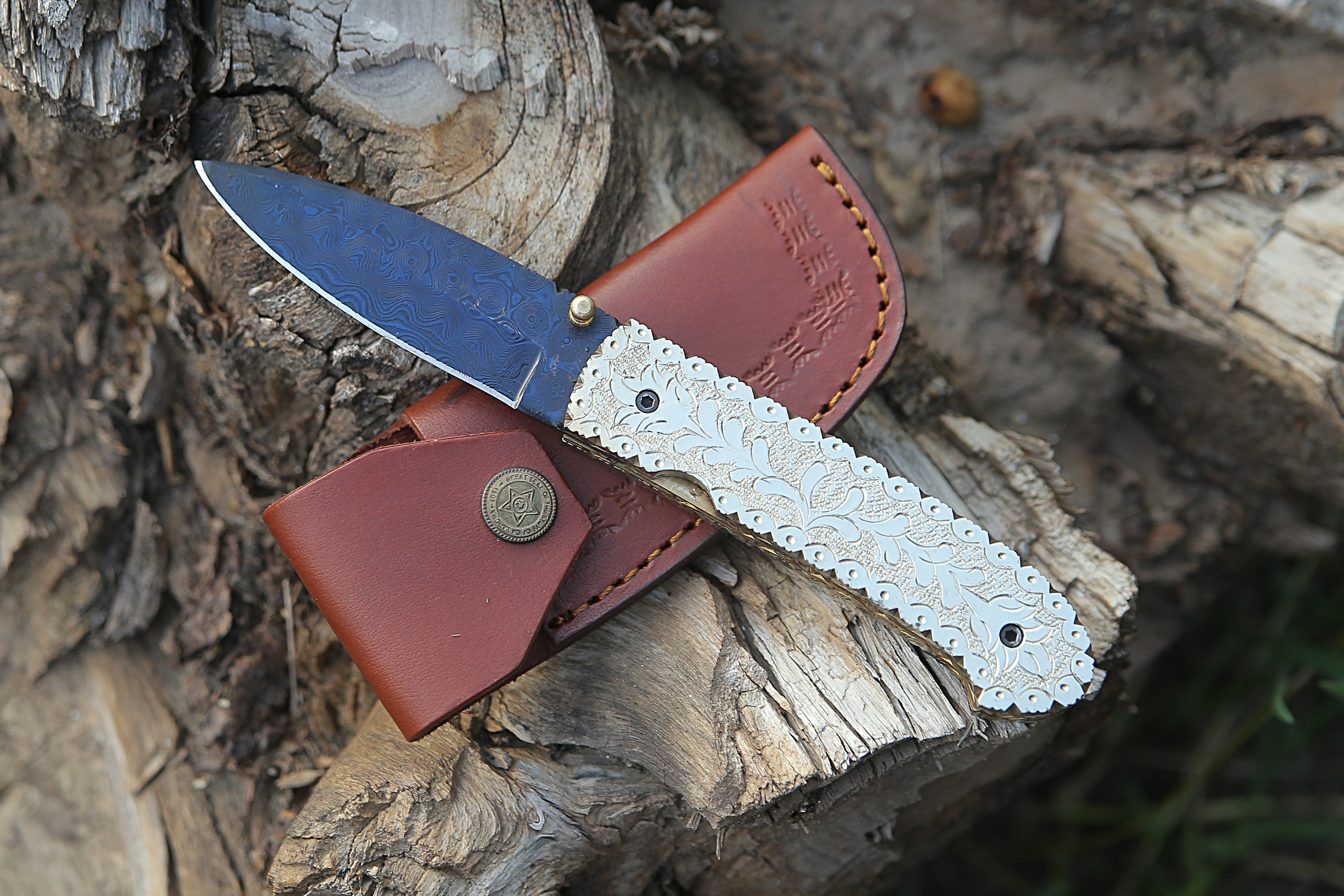 Handmade Damascus Steel Color Coated Liner Lock Folding Knife Engraved Brass Handle Pocket Knife .