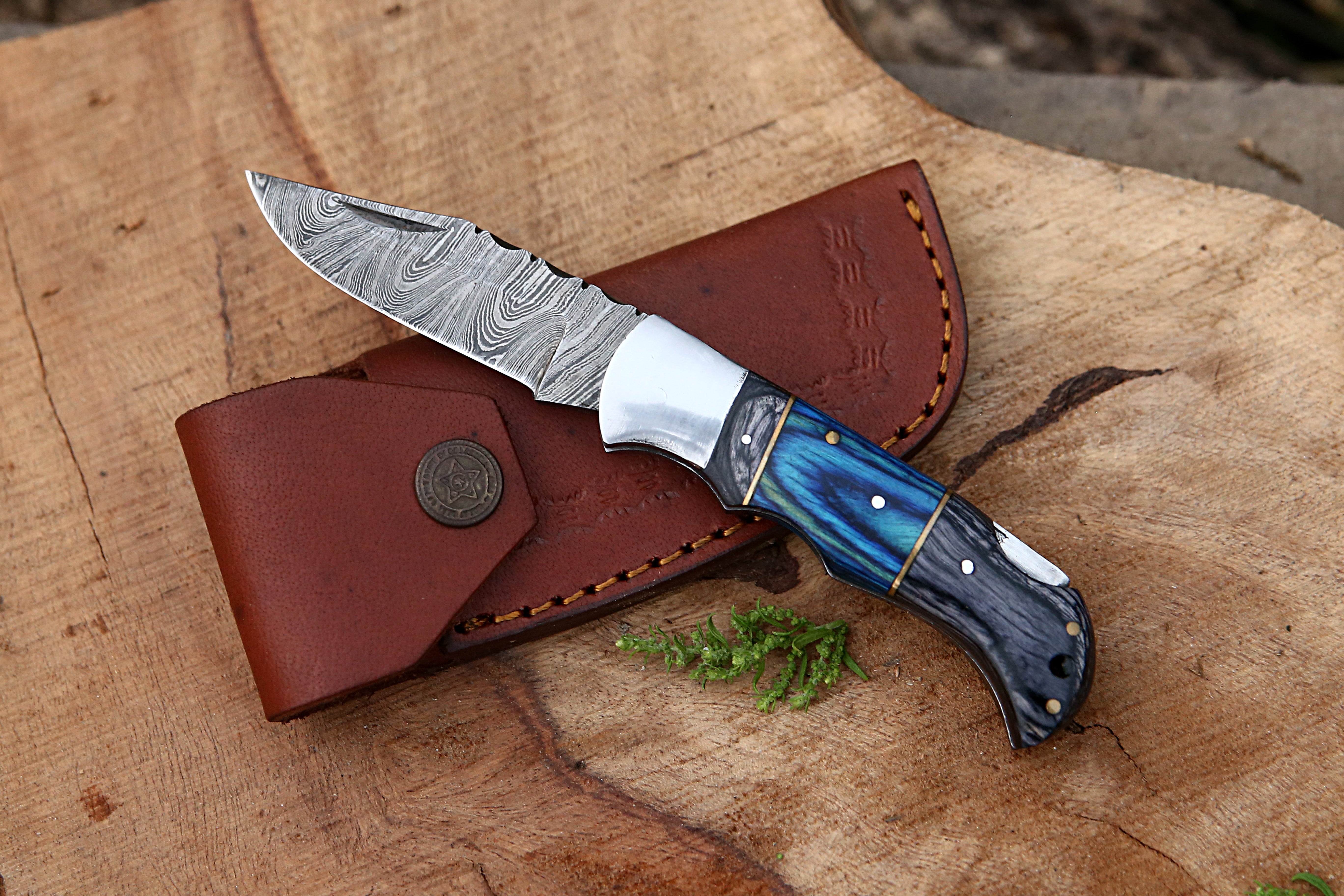 Handmade Damascus Steel Folding Knife Blue