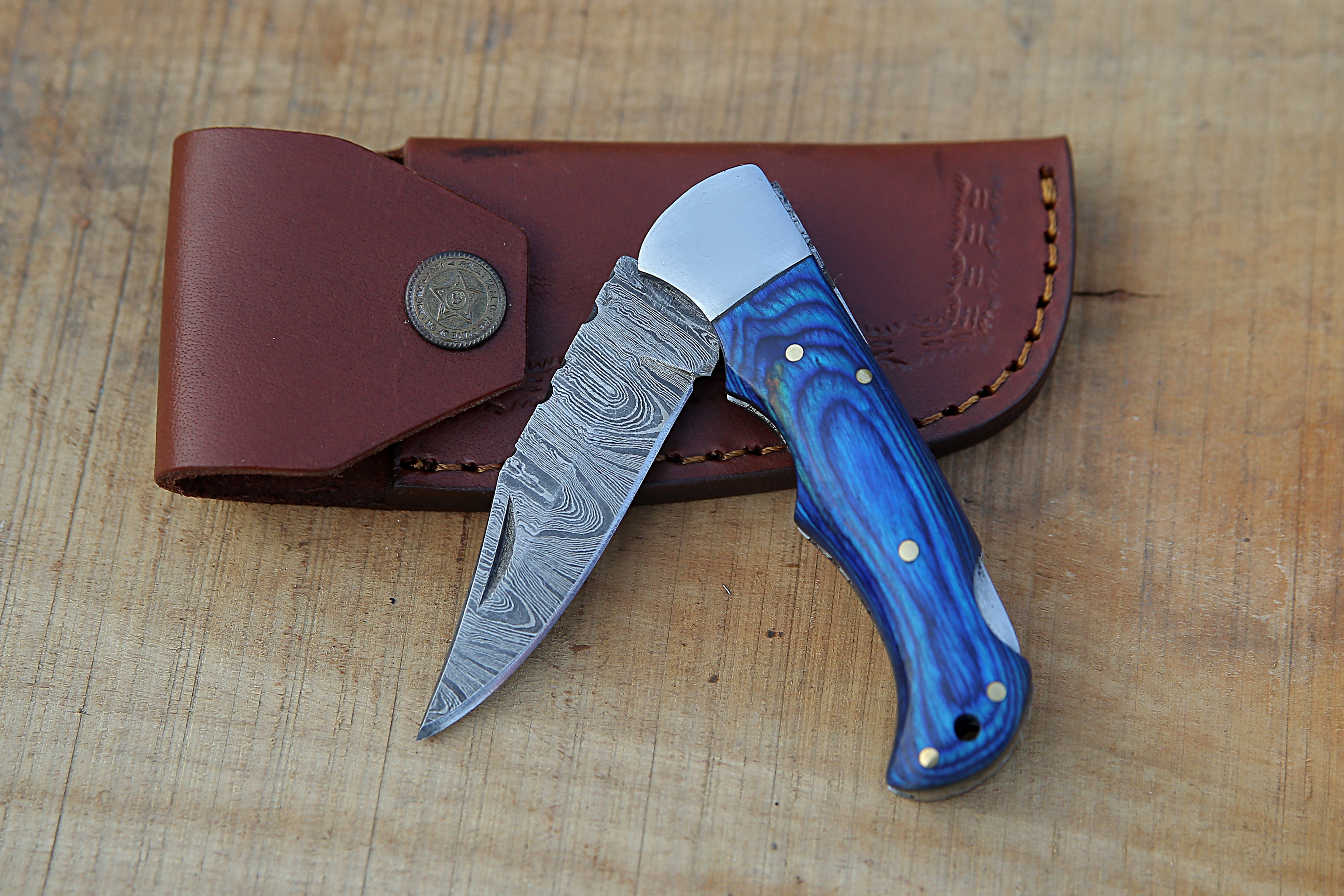 Blue Pakka Wood Damascus Steel Back Lock Pocket Knife With Stainless Steel Clips Camping Knife Personalized Gift for Men.