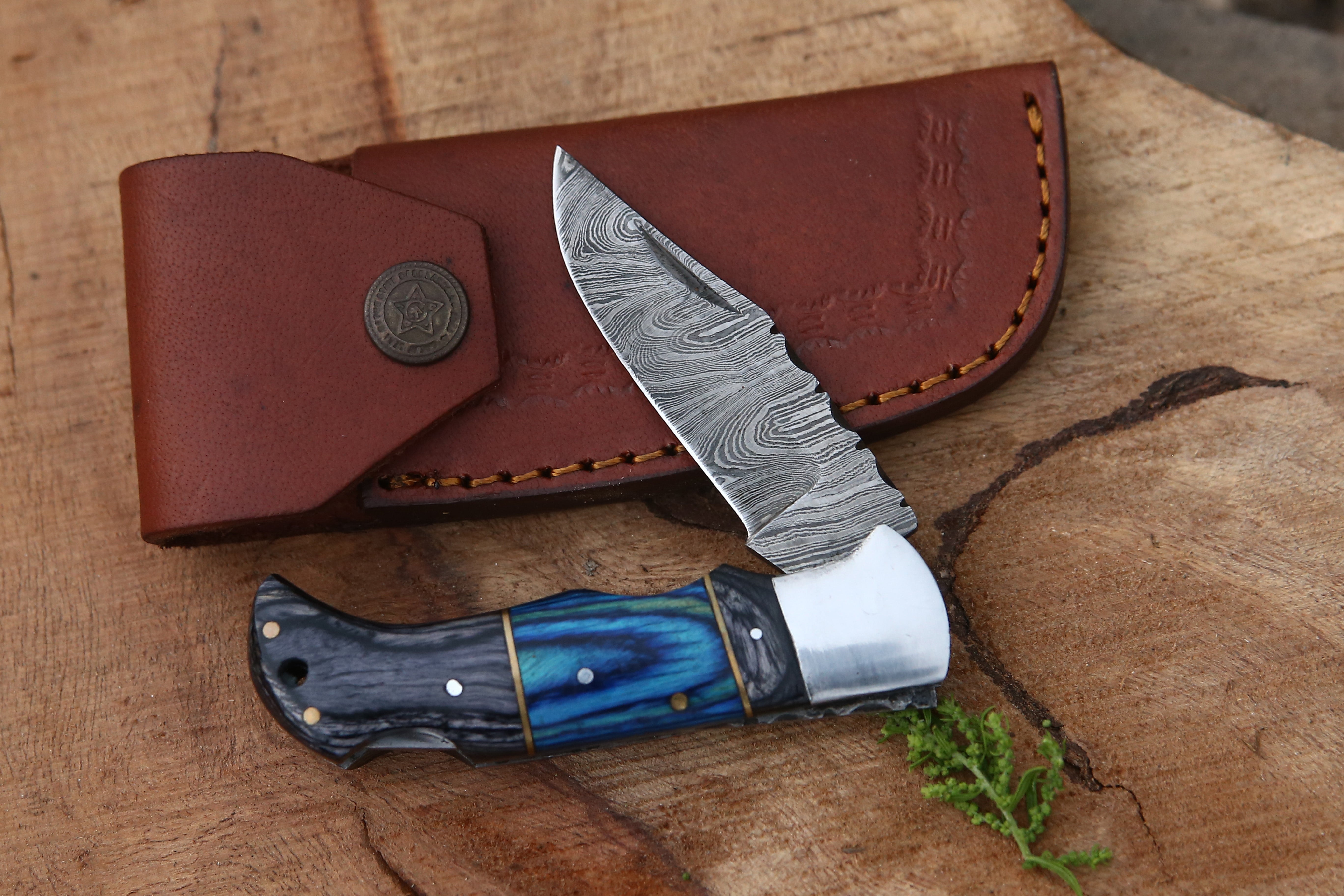Handle Back Lock Pocket Knife With Leather Pouch