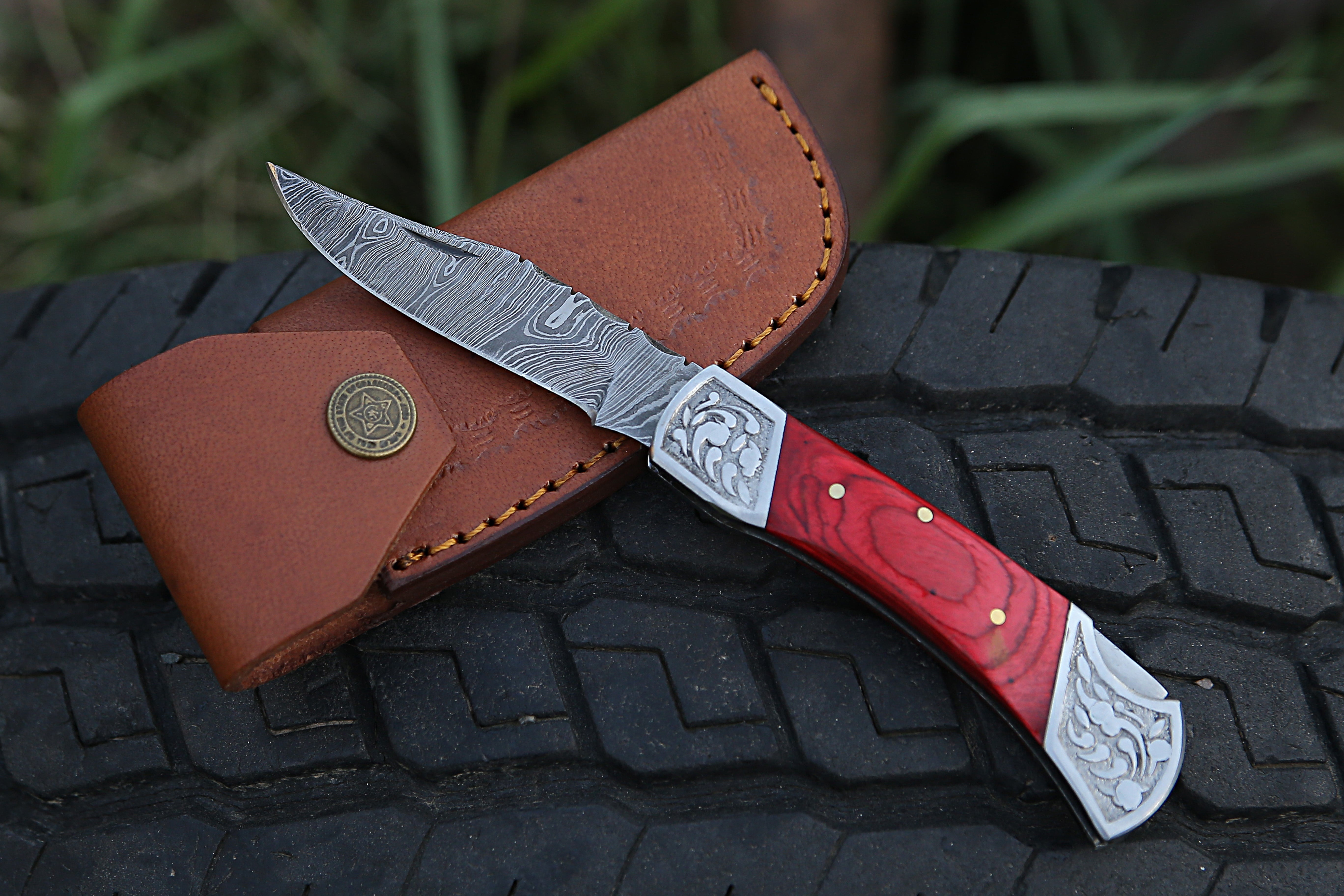 Red Color Dollar Sheet with Engraved Steel Clips Handmade Damascus Steel Back Lock Pocket Knife