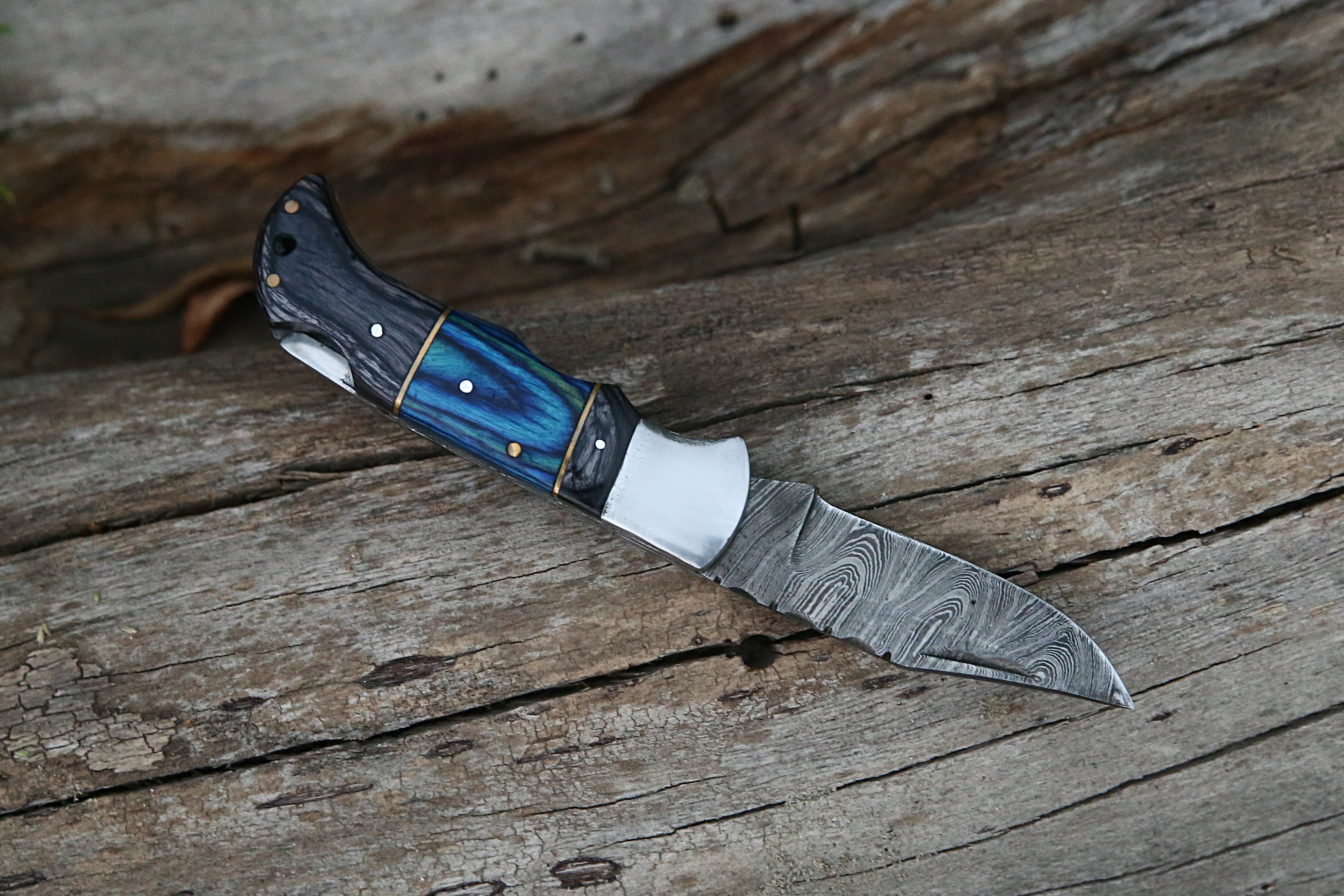 knife 6.5 Blue Wood Damascus Steel Pocket Knife Folding Pocket