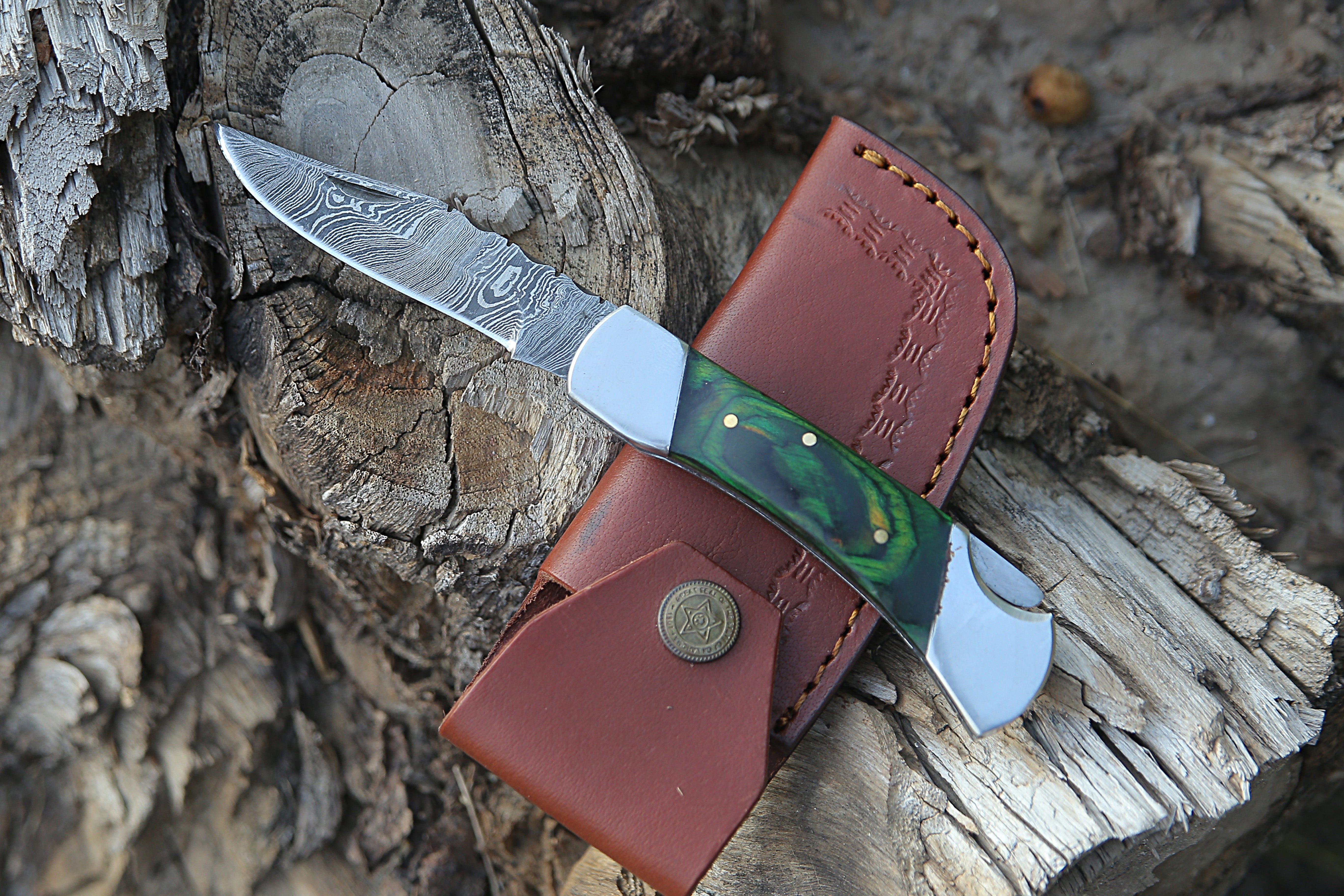7" Back Lock Handmade Damascus Steel Pocket Knife Green Pakka Wood Handle Folding Knife With Leather Pouch.