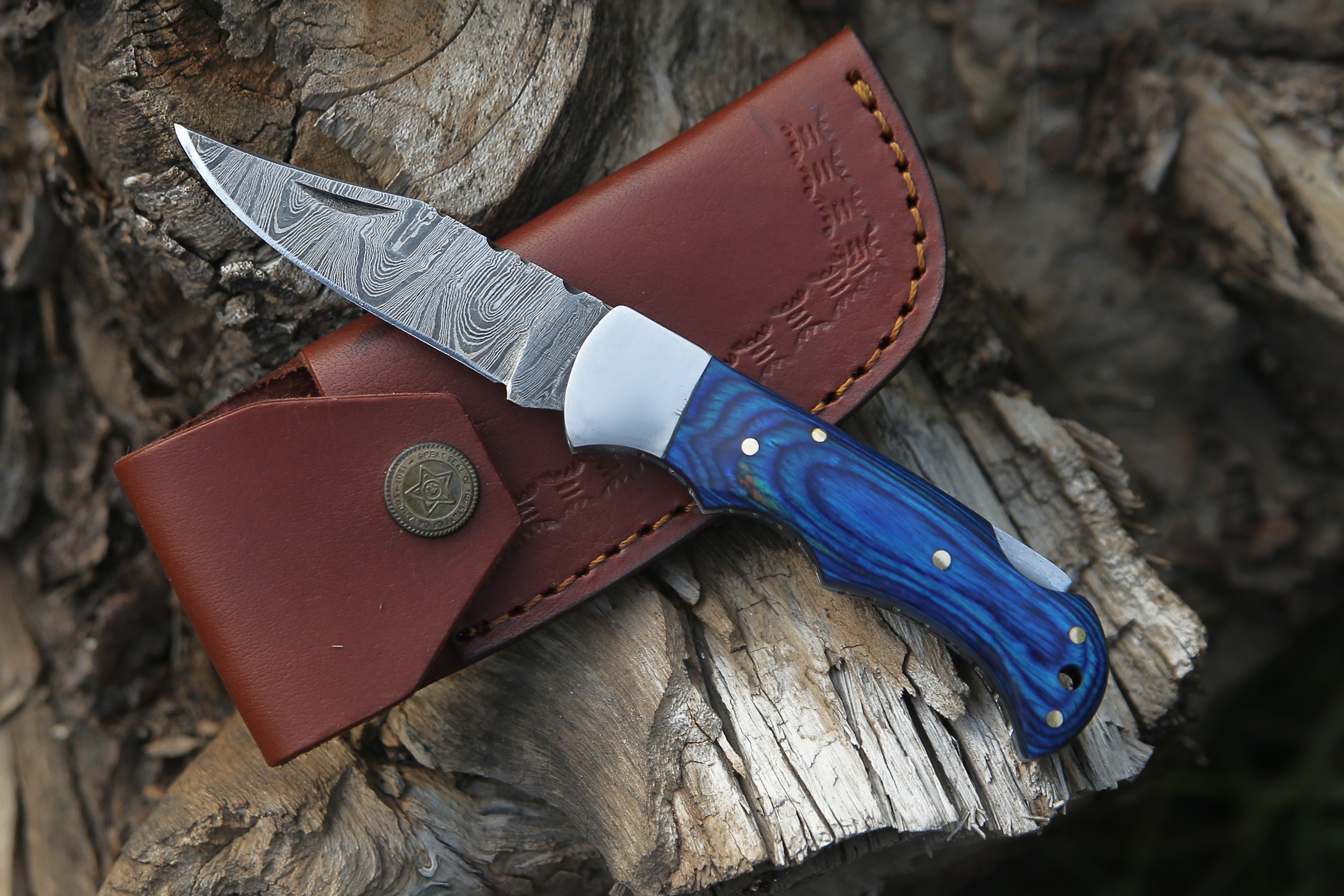 Blue Pakka Wood Damascus Steel Back Lock Pocket Knife With Stainless Steel Clips Camping Knife Personalized Gift for Men.