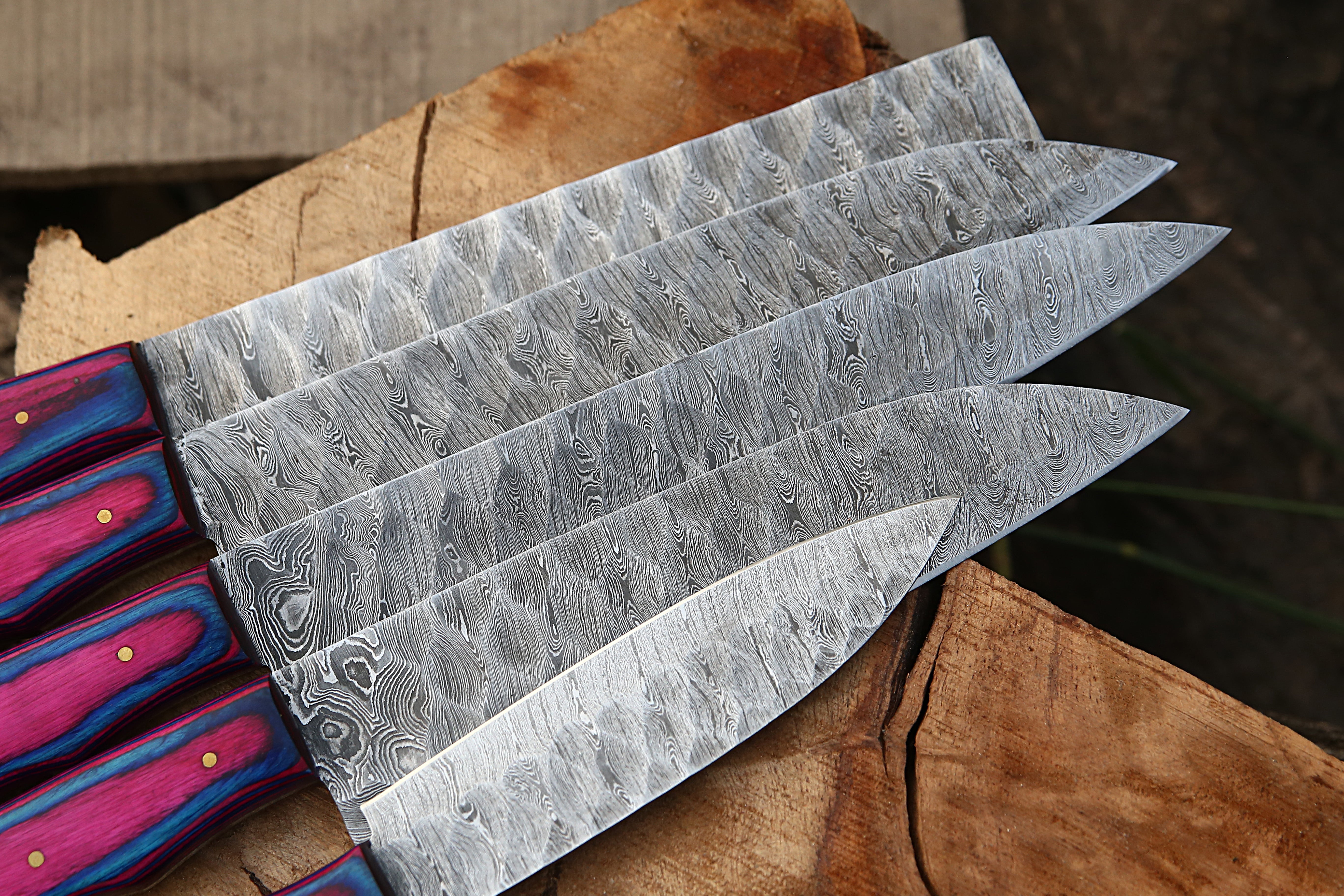 Handmade Damascus Steel Kitchen Knife Set Of 5 PCS Multi Color Dollar Handle Chef Knife With Leather Roll Kit.