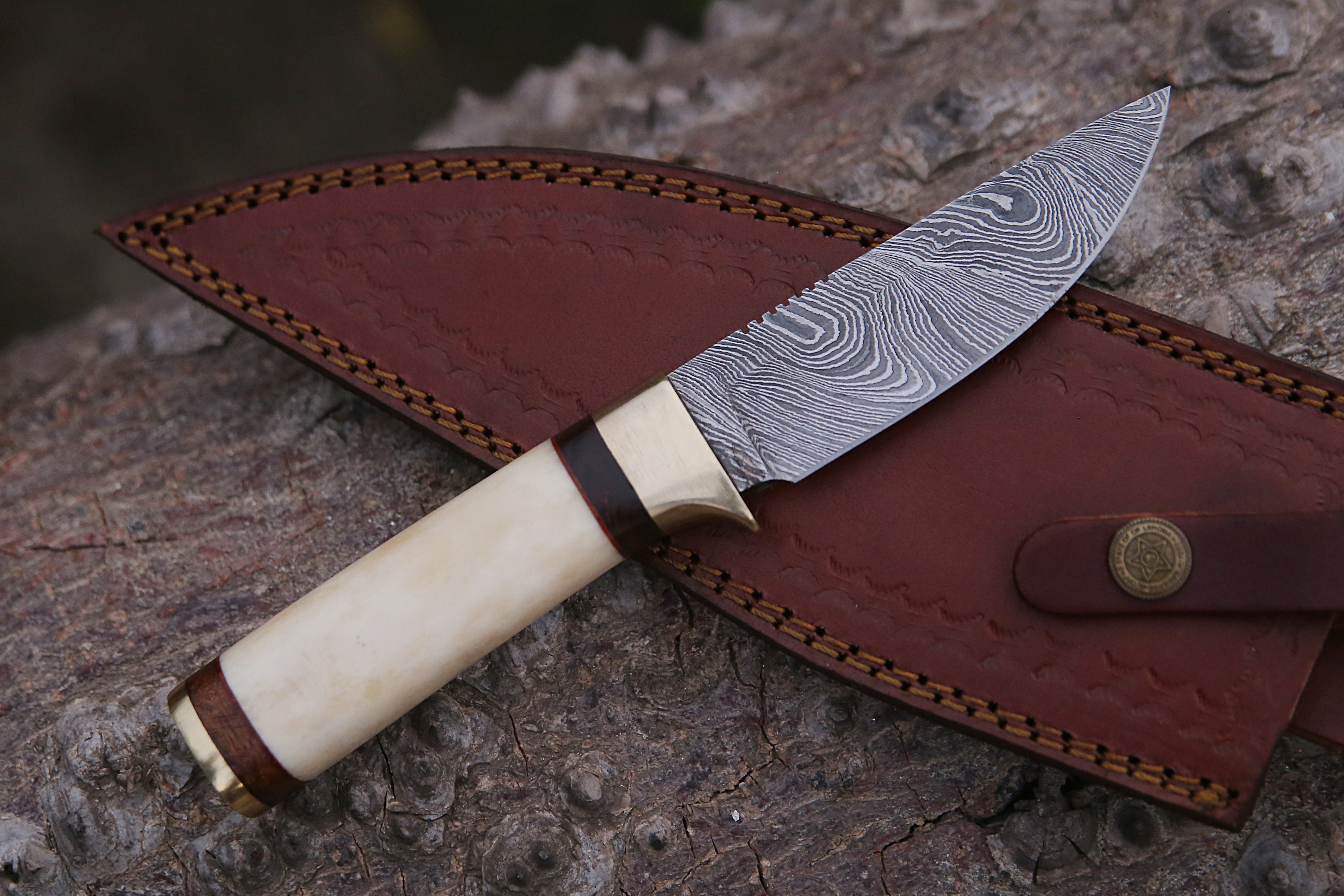 9" Custom Made Damascus Skinner Knife White Bone Handle Hunting Knife With Pouch.