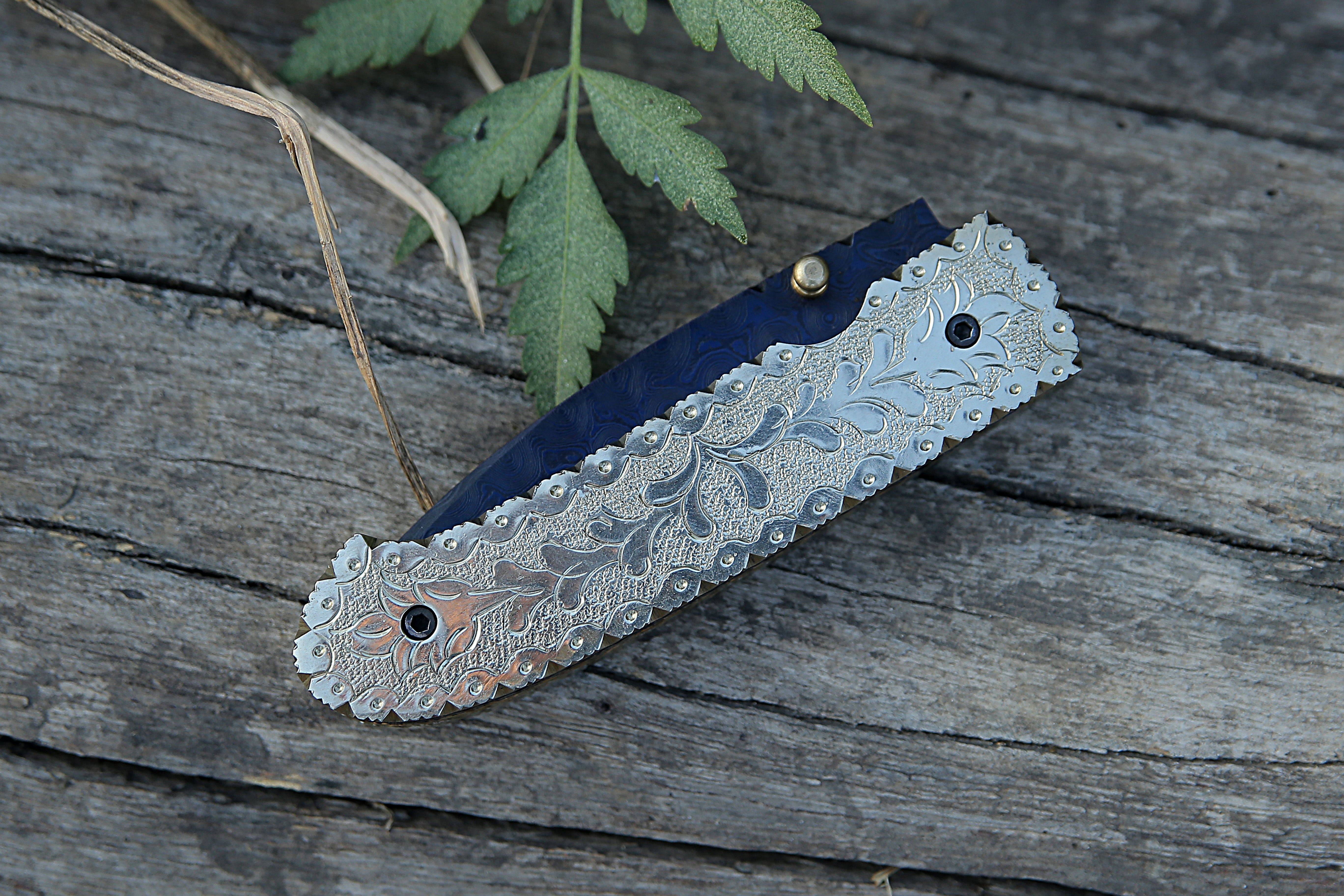 Handmade Damascus Steel Color Coated Liner Lock Folding Knife Engraved Brass Handle Pocket Knife .