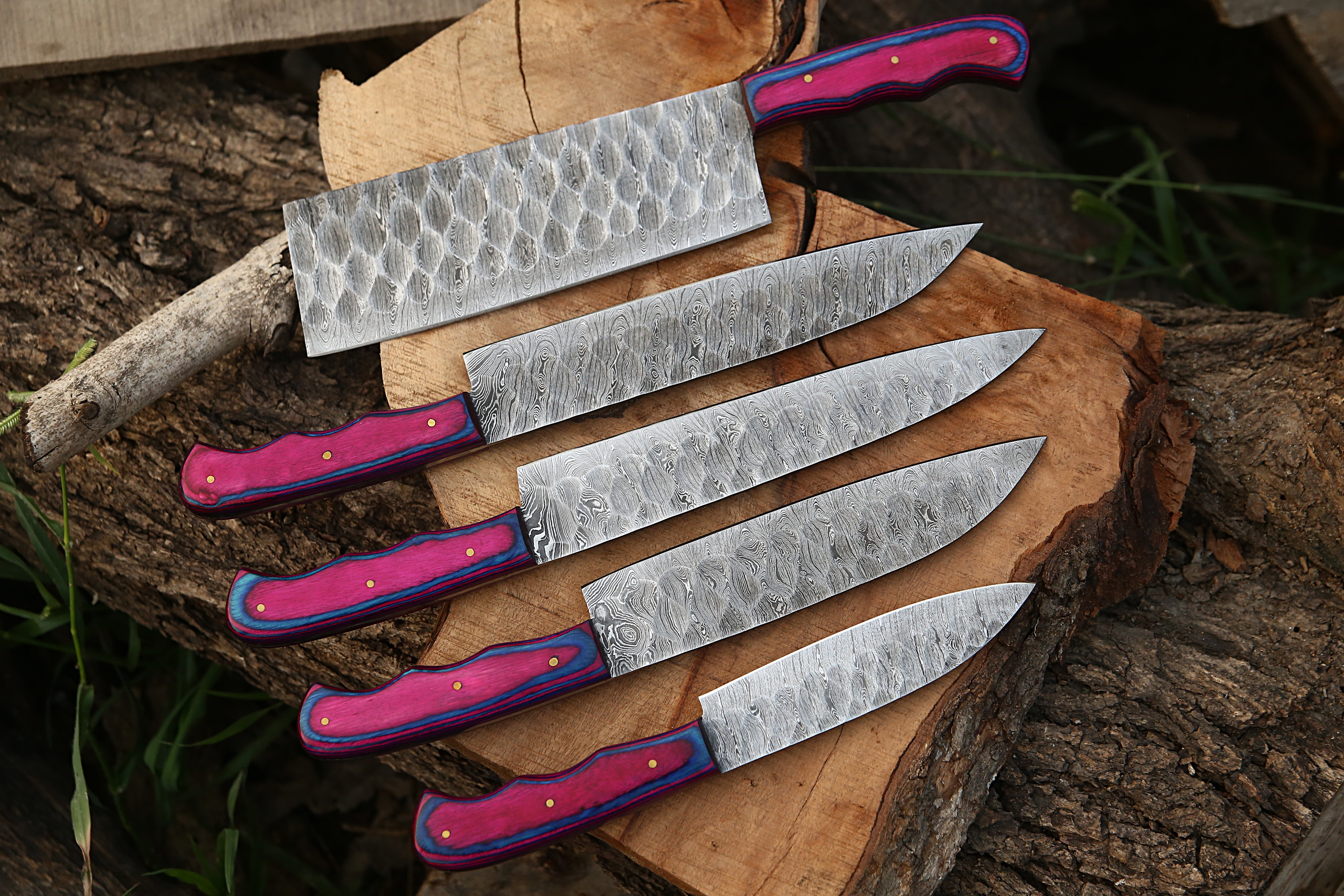 Handmade Damascus Steel Kitchen Knife Set Of 5 PCS Multi Color Dollar Handle Chef Knife With Leather Roll Kit.