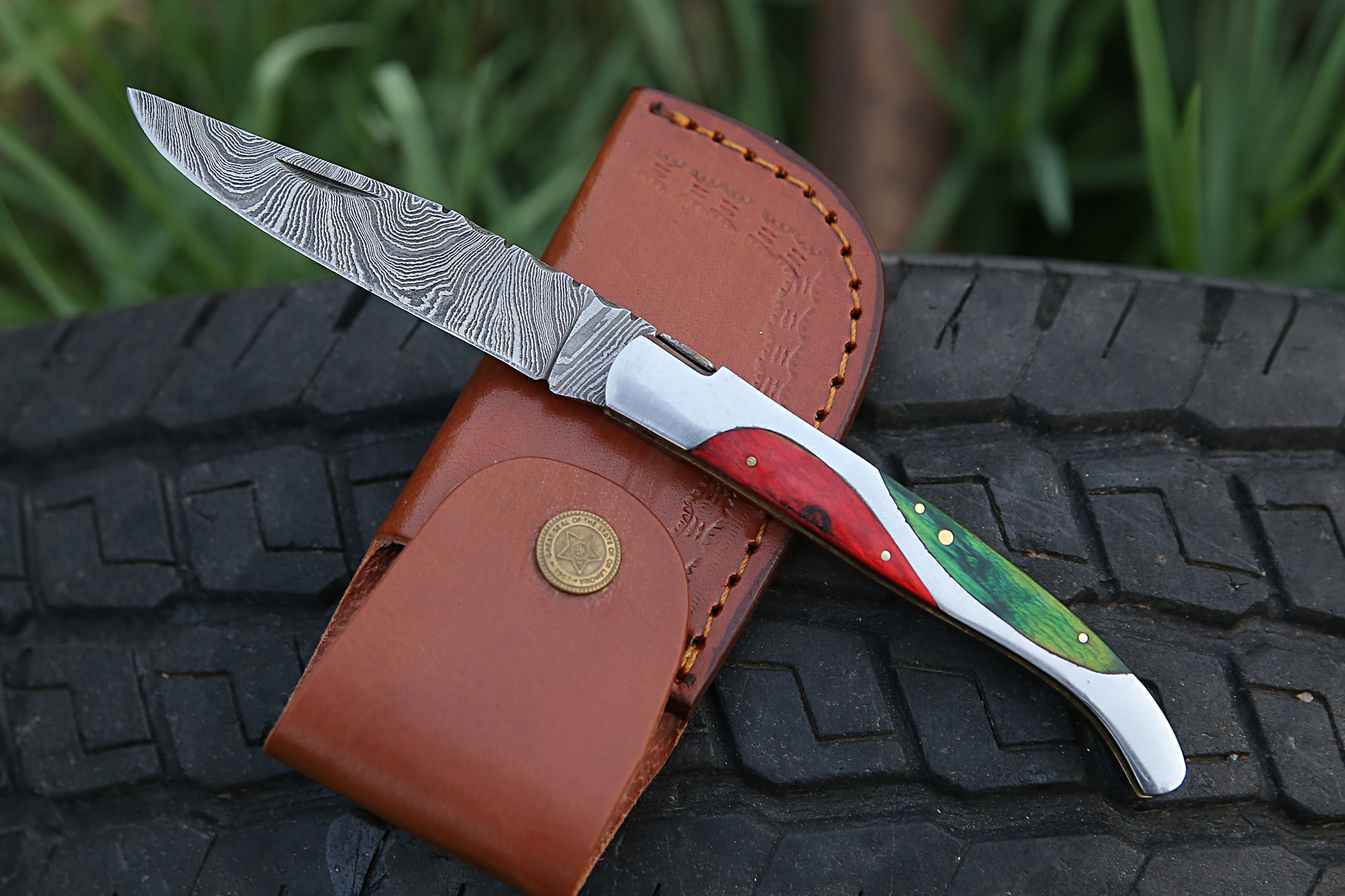 High Grade Hand Forged Damascus Folding Knife With Steel Frame Green & Red Pakka wood Handle
