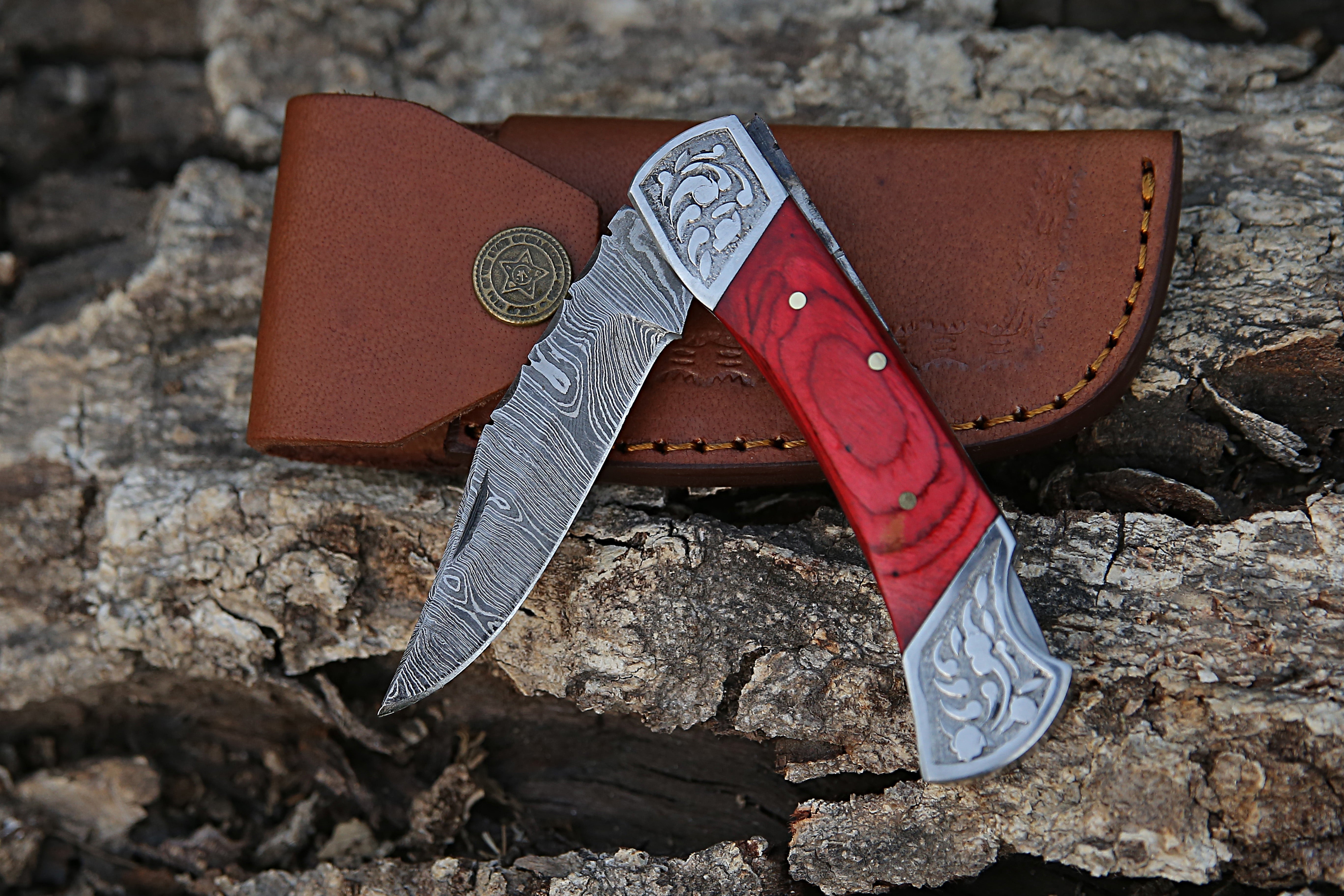 Red Color Dollar Sheet with Engraved Steel Clips Handmade Damascus Steel Back Lock Pocket Knife