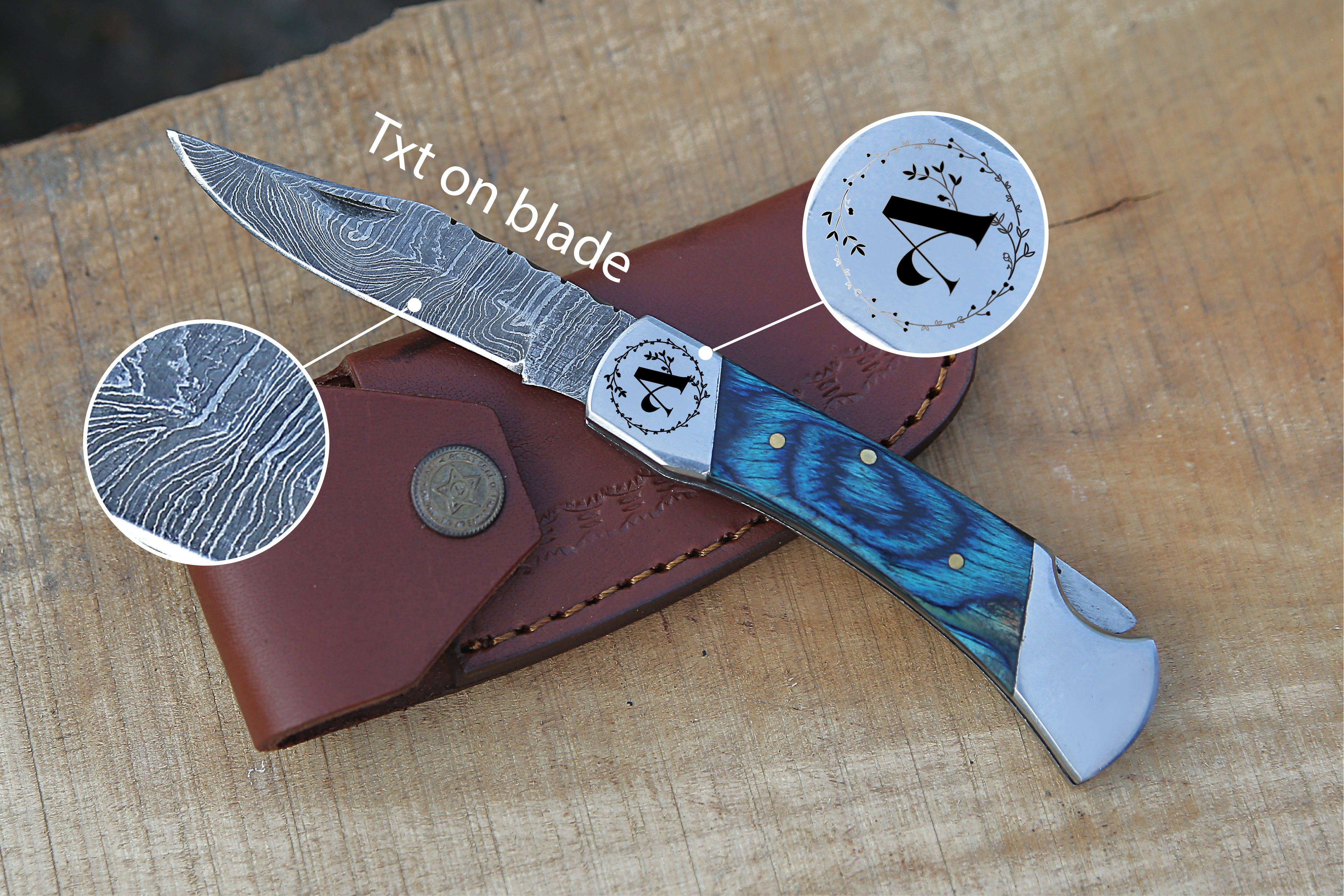 Handmade Damascus Steel Pocket Knife Personalized Gift for Men Pocket Knife with Blue Handle.