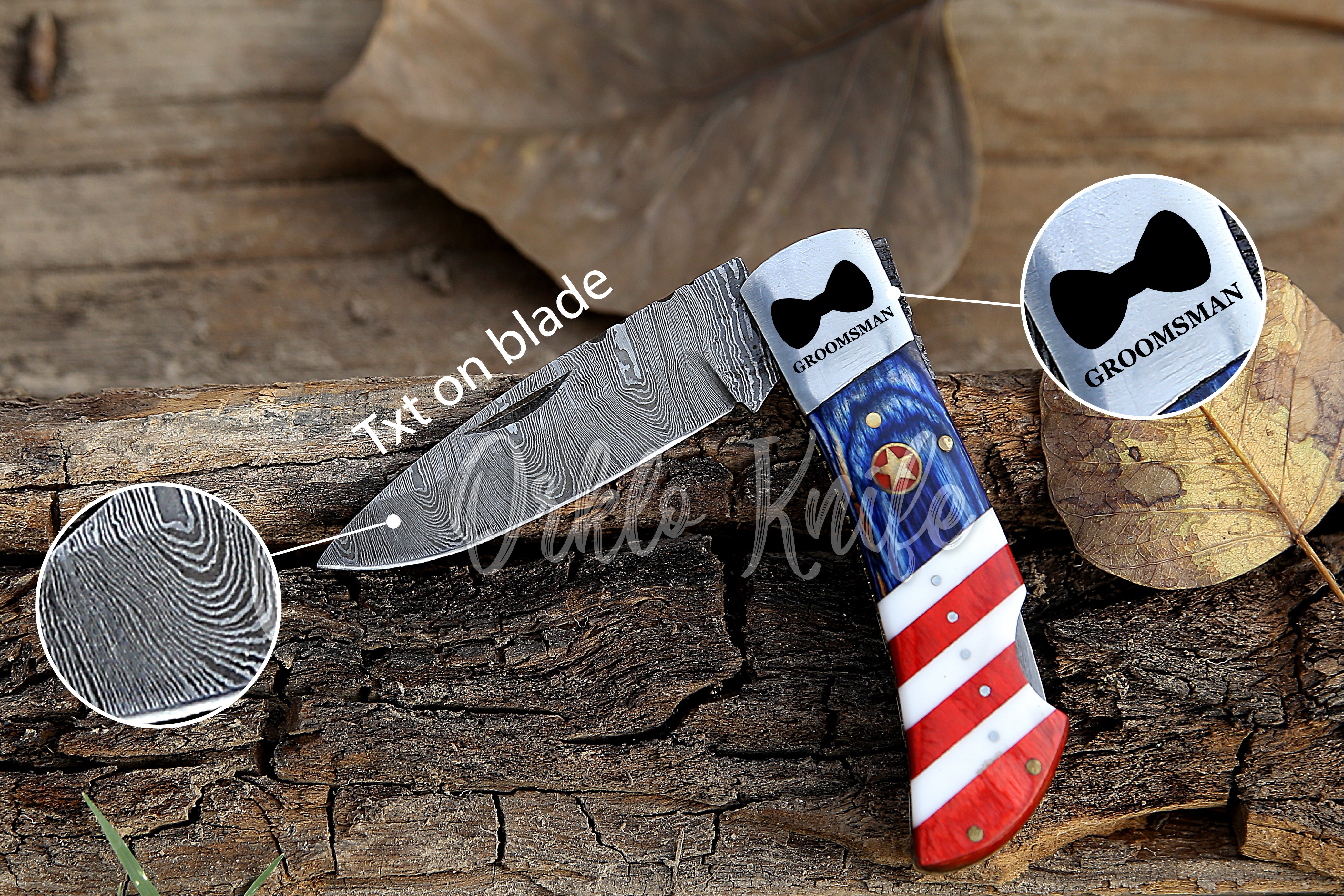 Custom Handmade Damascus Steel Back Lock Folding Pocket Knife American Flag With Blue Red White Dollar Sheet Handle Personalized Gift for Men.