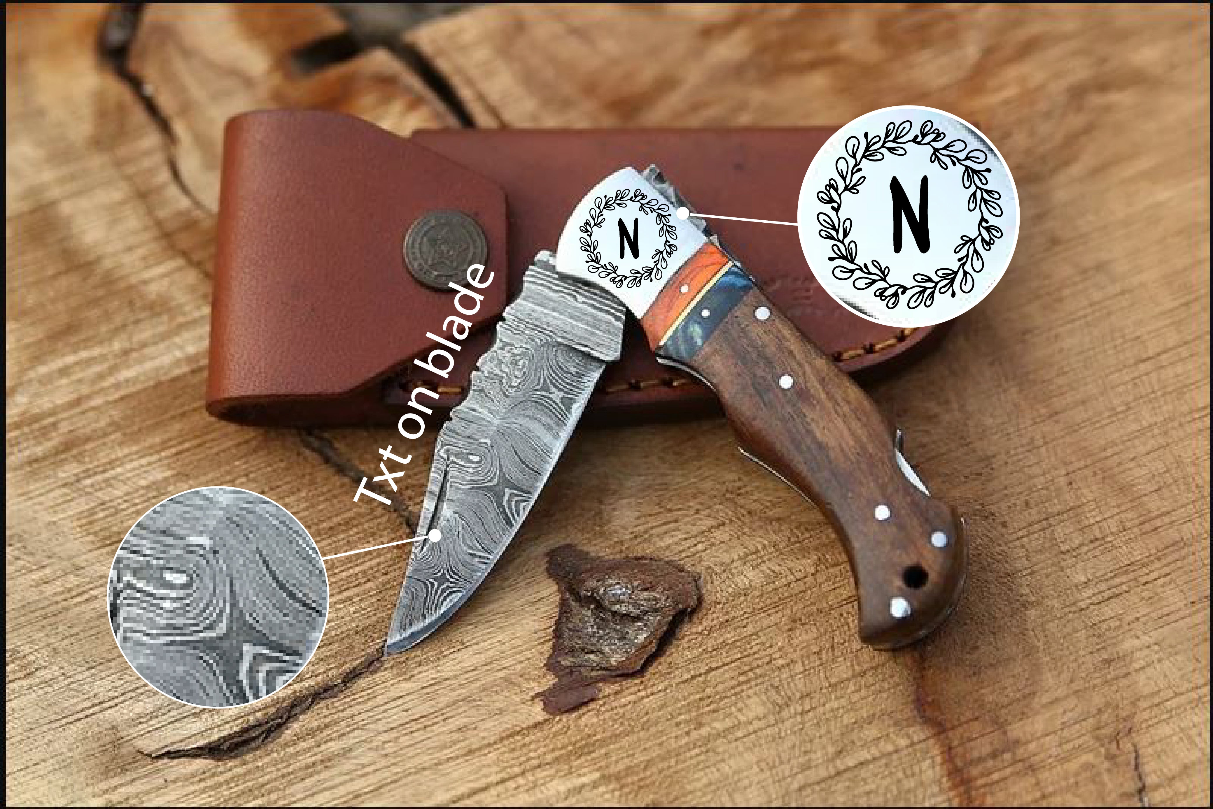 Best Personalized Gift Rose Wood Authentic Damascus Steel Back Lock Pocket Folding With Orange & Blue Dollar Sheet Handle