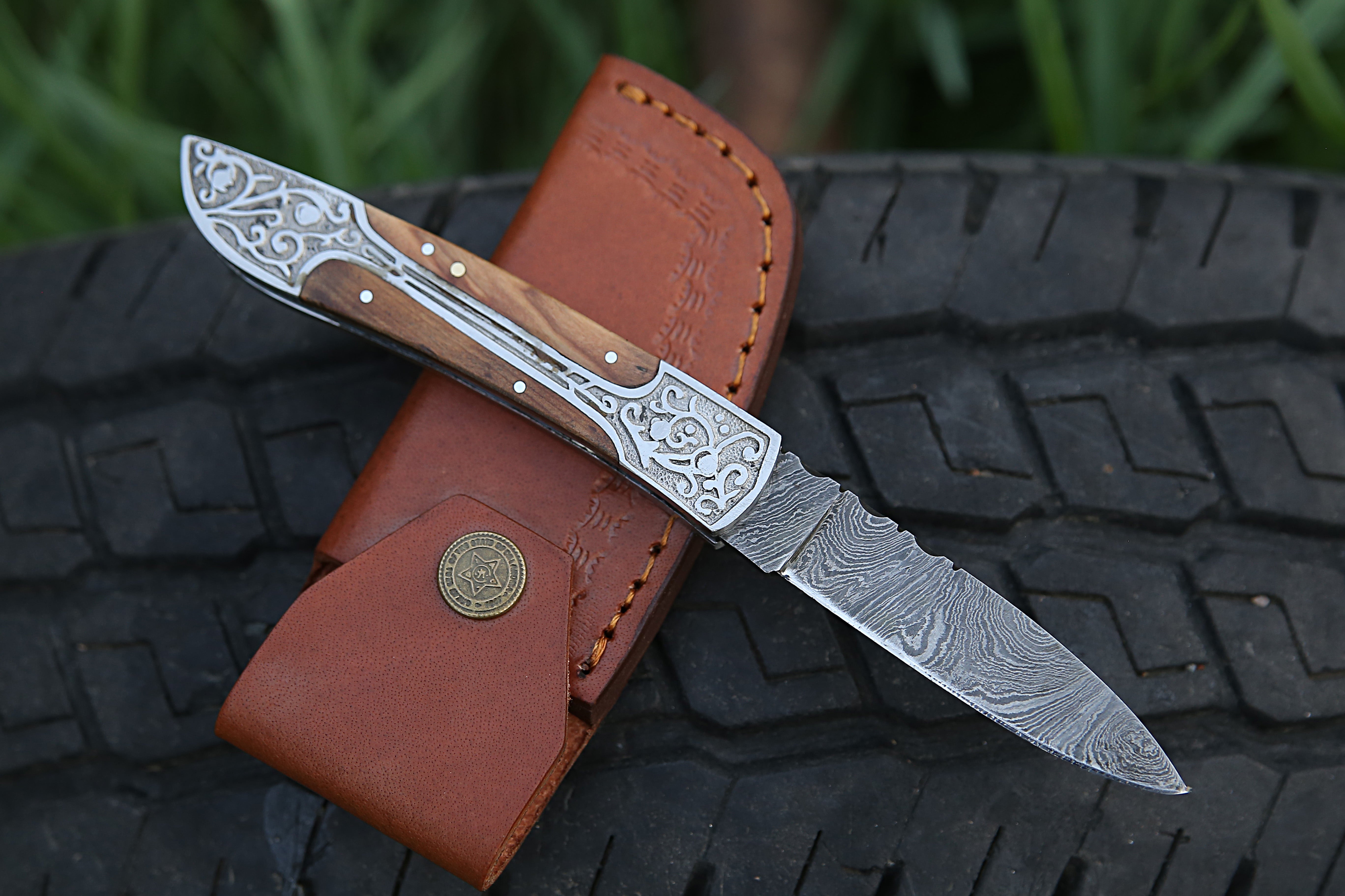 Handmade Damascus Steel Folding Knife With Engraved Steel Frame Olive Wood Handle Pocket Knife.